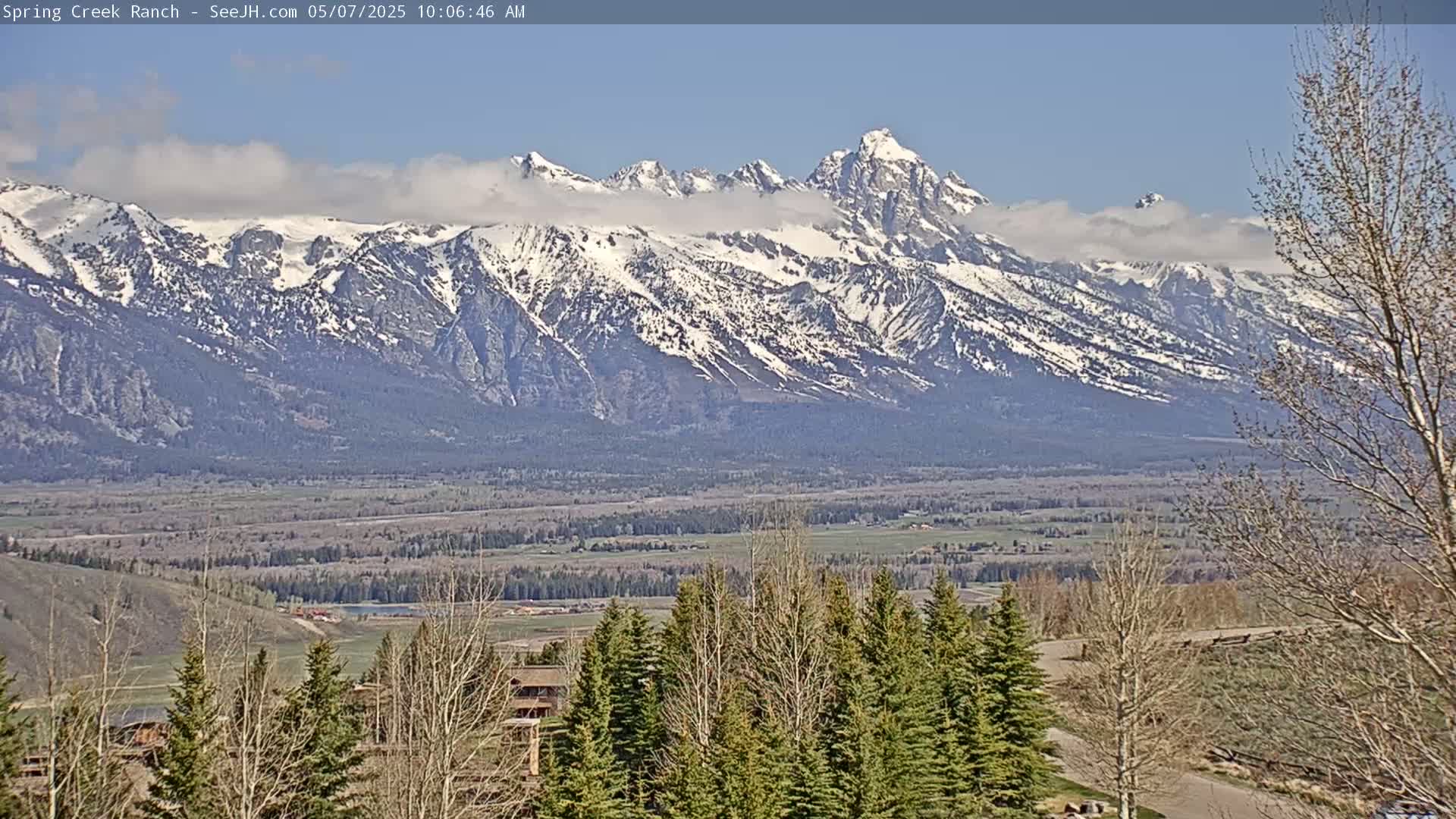 Snow-capped mountains are visible in the distance under a mostly clear sky, with a valley and evergreen trees in the foreground.