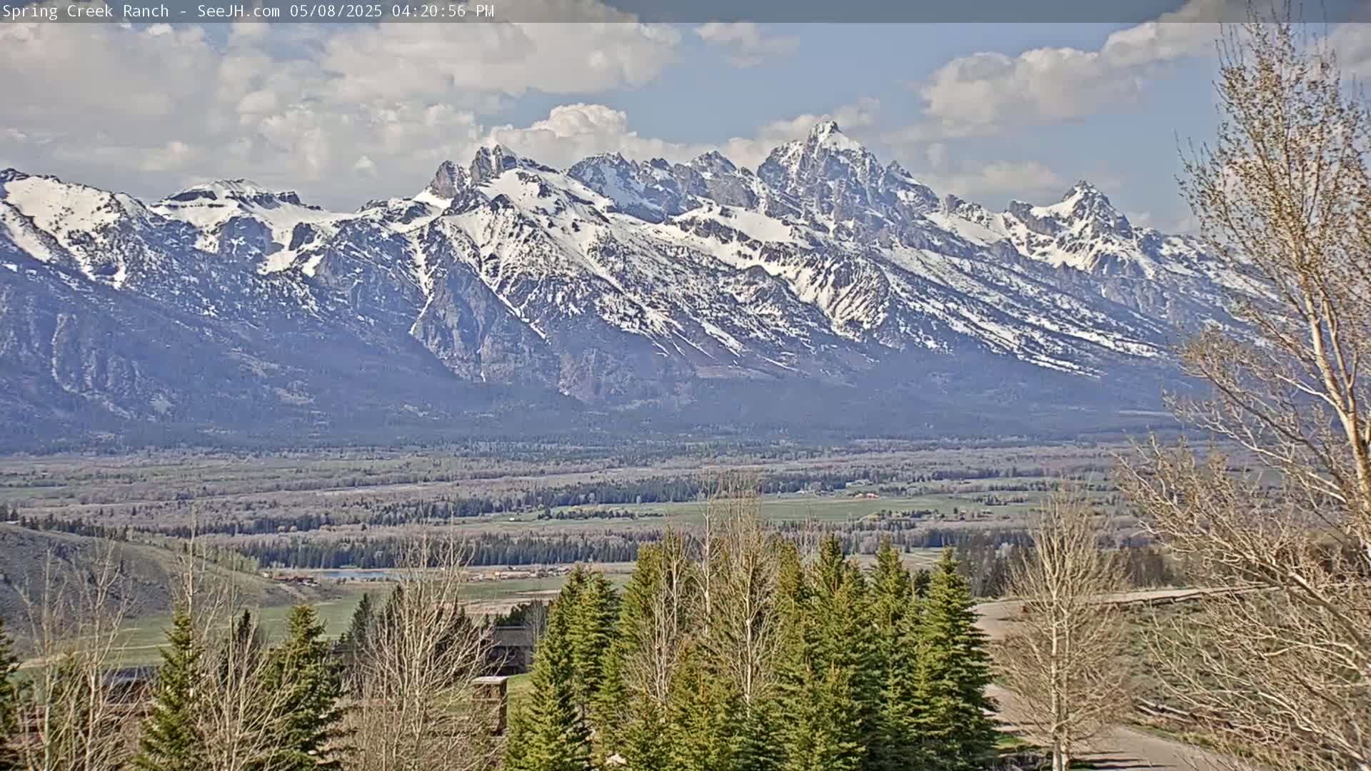 A snow-capped mountain range is visible in the distance under a partly cloudy sky, with a valley and trees in the foreground.
