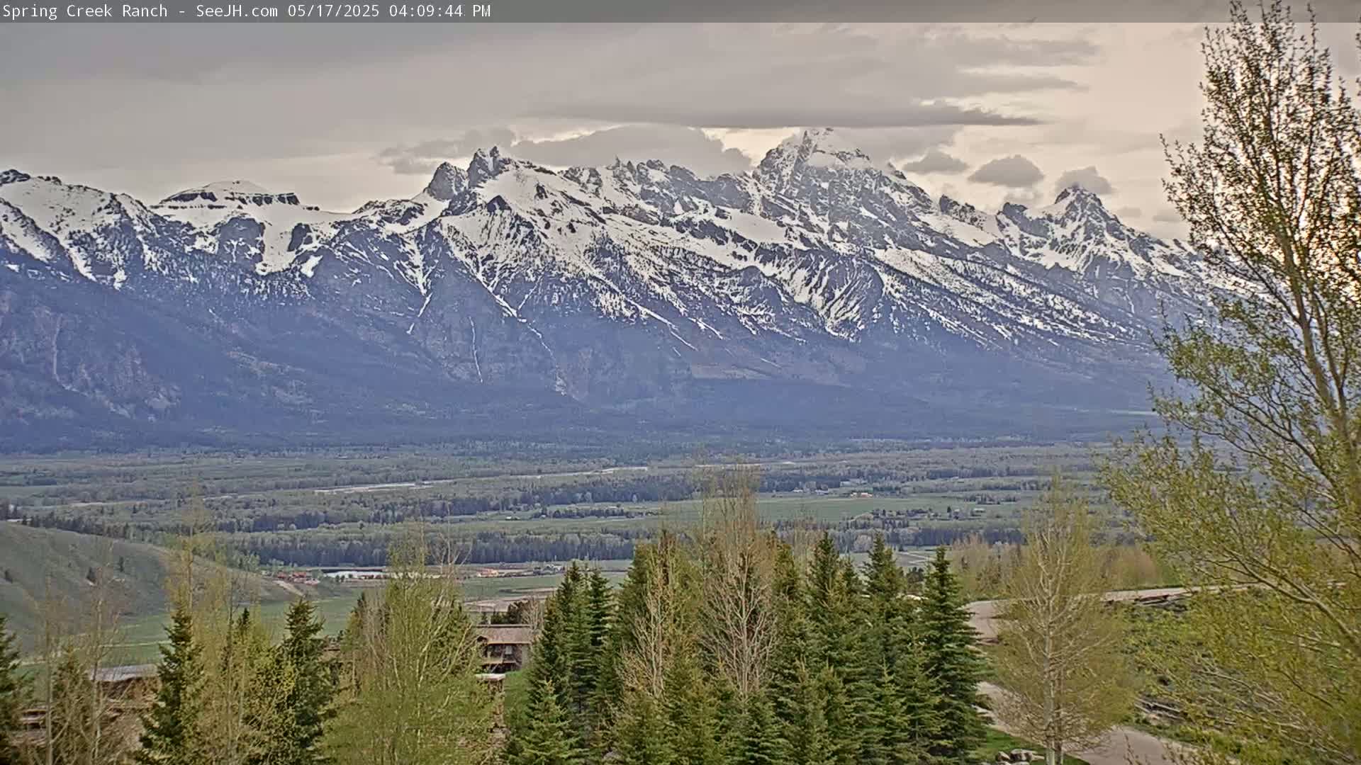 A partly cloudy afternoon view shows a snow-capped mountain range in the distance, beyond a valley of green vegetation and evergreen trees in the foreground.