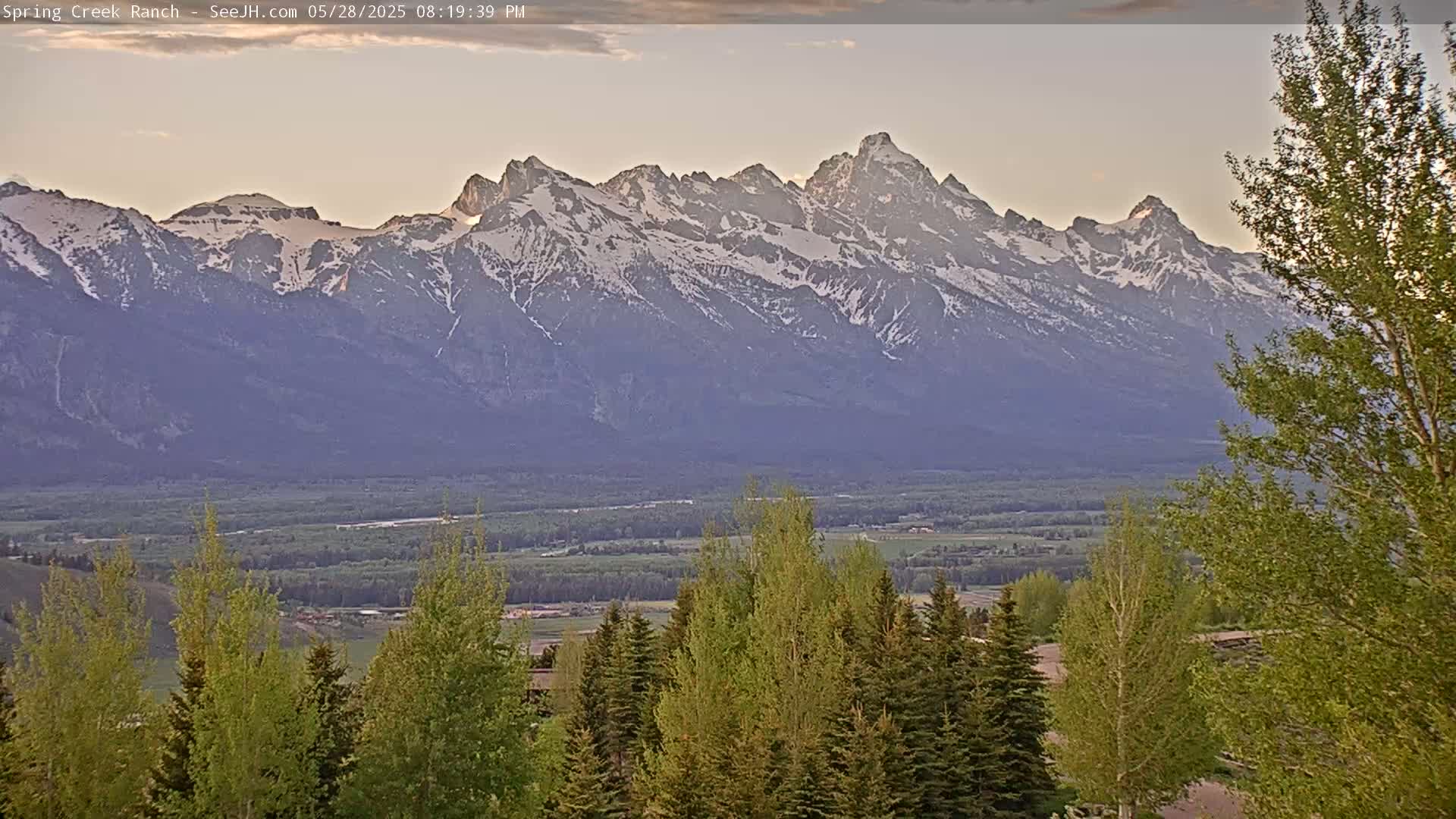 A snow-capped mountain range is visible in the distance, under a partly cloudy, dusky sky, with a foreground of green trees and a valley in between.