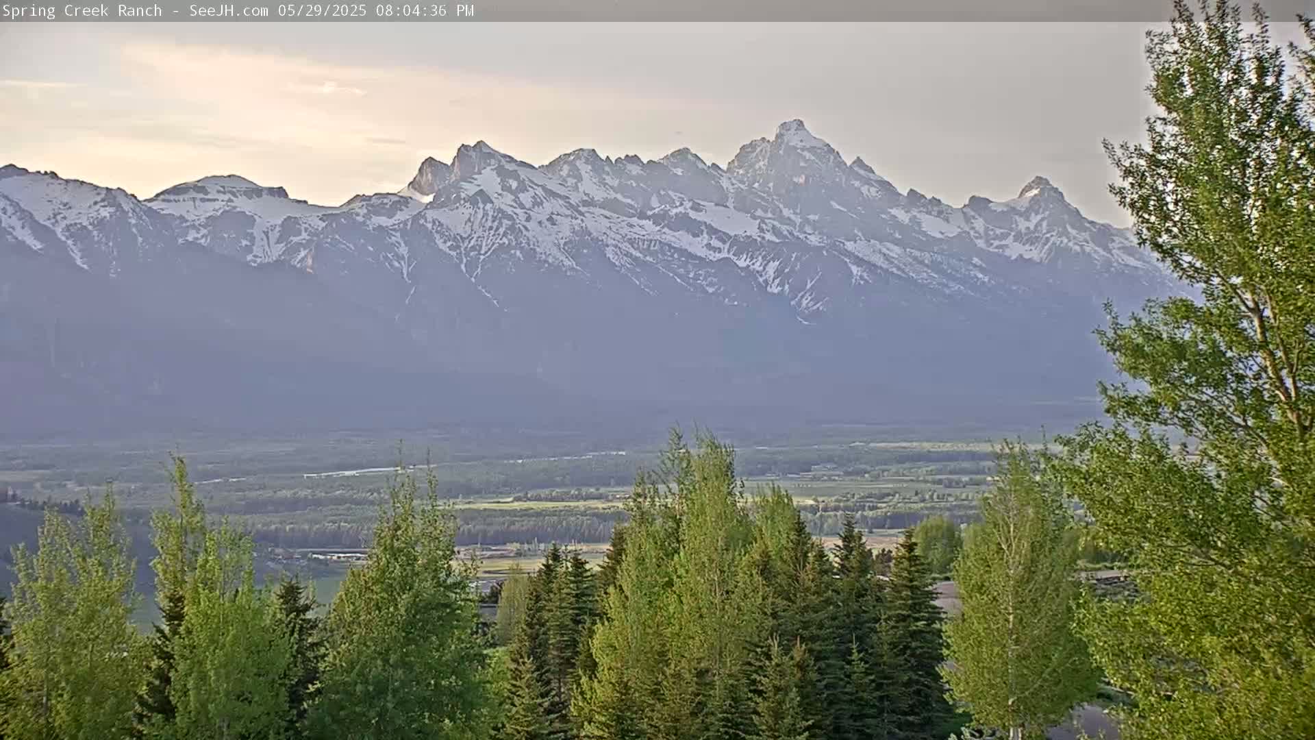 A hazy, late afternoon view shows a snow-capped mountain range in the distance, beyond a valley of green trees and fields.