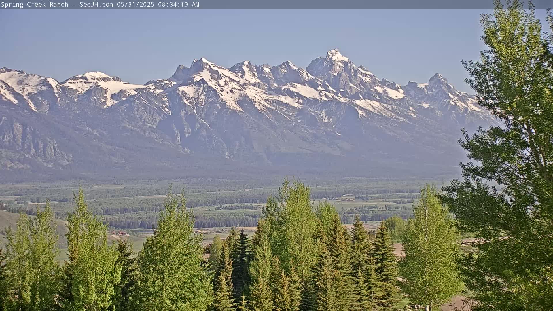 Snow-capped mountains rise in the distance behind a valley of green trees and fields under a clear, sunny sky.