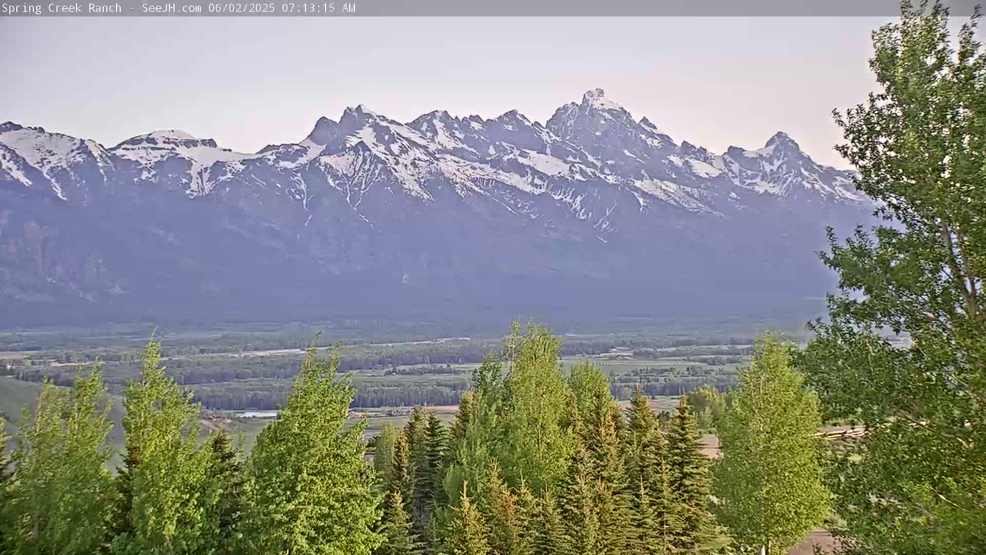 A snow-capped mountain range is visible in the distance, with a valley of green trees and fields in the foreground under a clear, light sky.