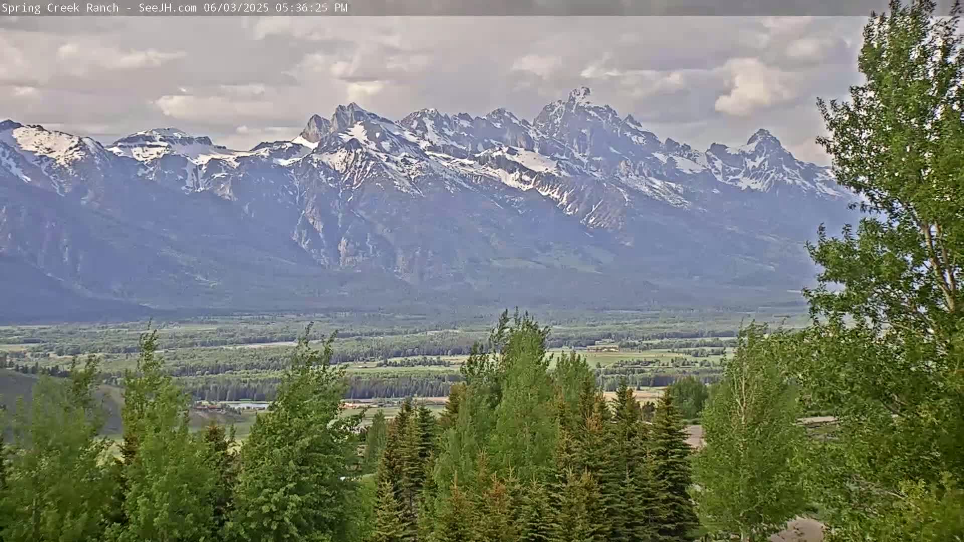 A snow-capped mountain range is visible in the distance, beyond a valley of green trees and fields under a partly cloudy sky.