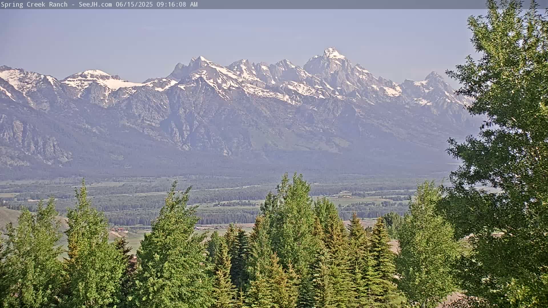 A snow-capped mountain range is visible in the distance beyond a foreground of green trees under a hazy sky.