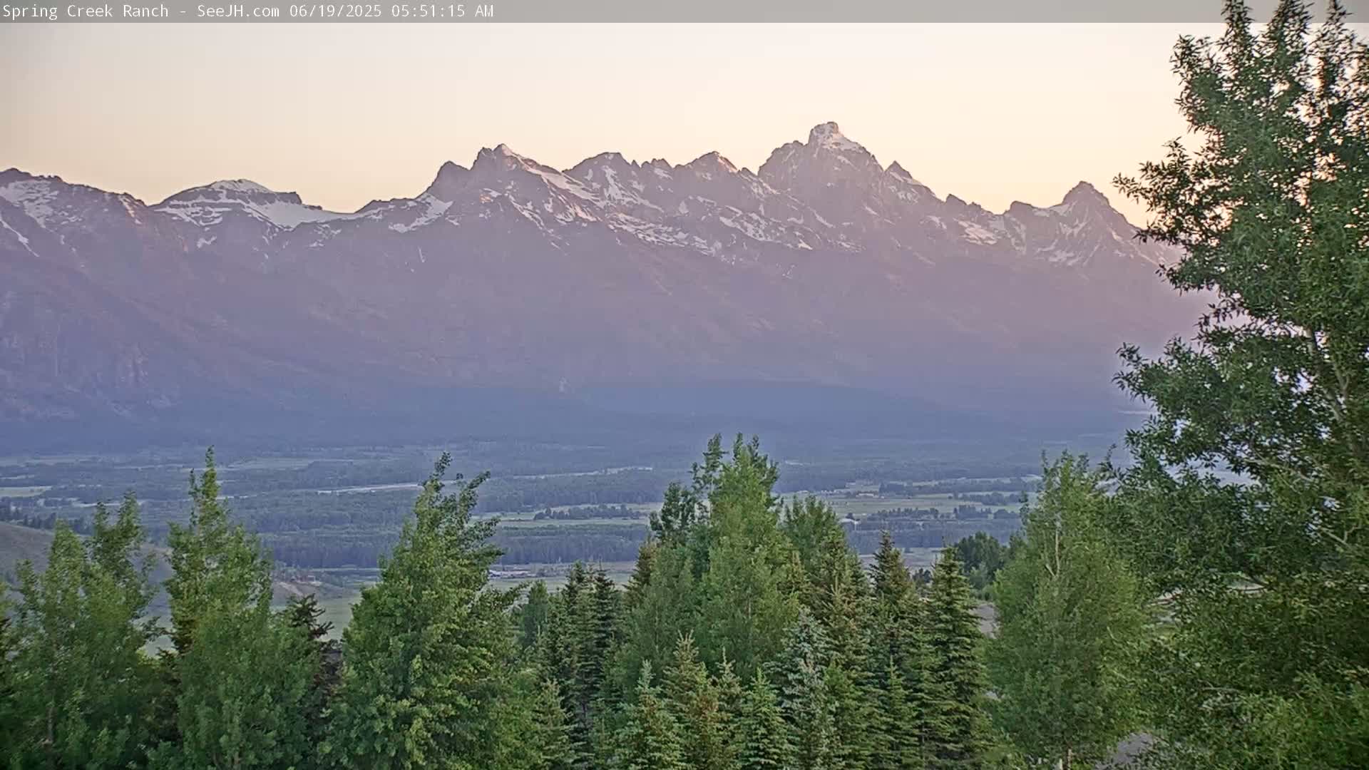 A snow-capped mountain range is visible in the distance, with a valley and evergreen trees in the foreground under a clear, dawn sky.