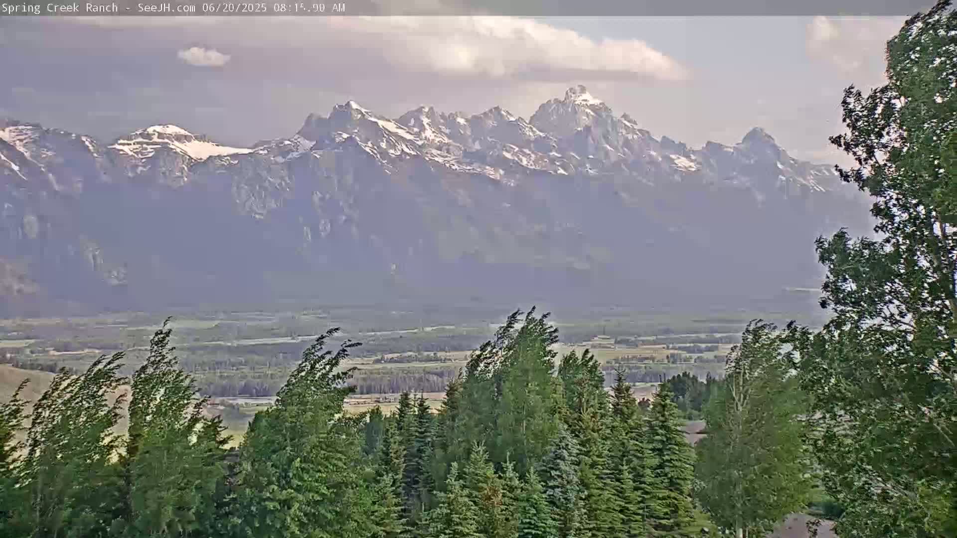 A partly cloudy sky overlooks a valley of evergreen trees with a snow-capped mountain range in the background, and the wind is blowing.