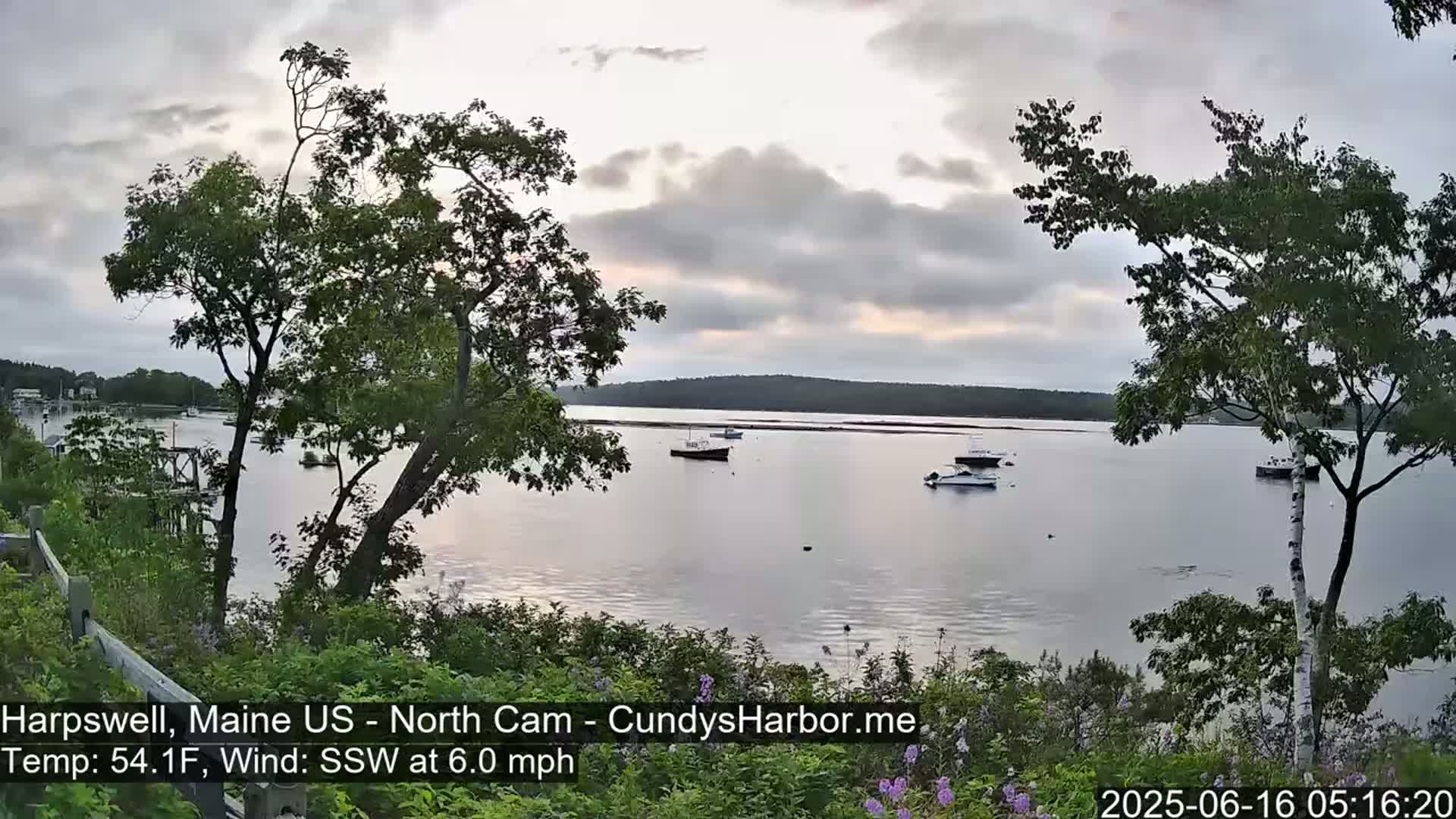 Several boats are moored in a calm bay under a mostly cloudy sky.