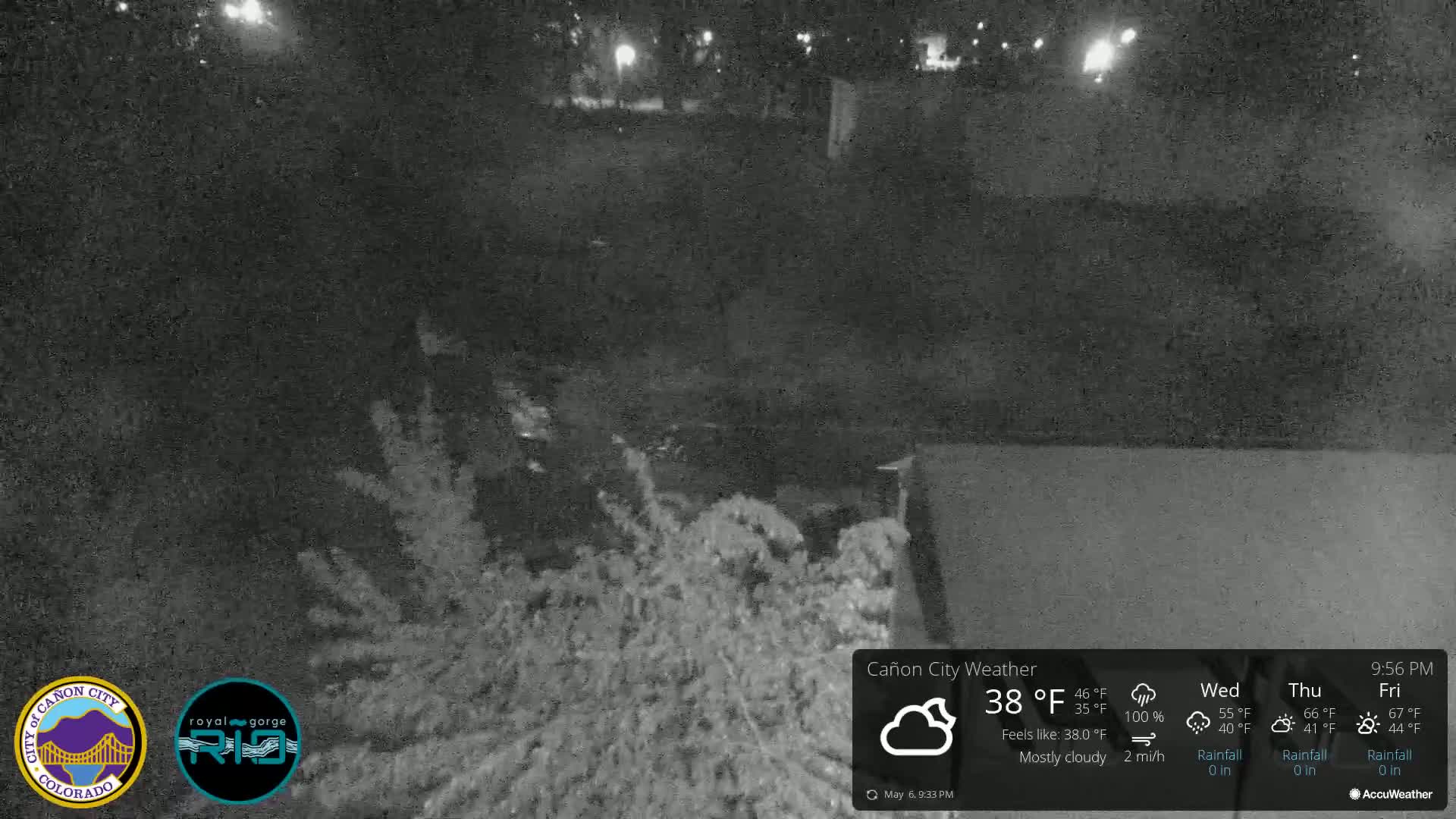 A nighttime, mostly cloudy scene shows low-lying shrubbery under dim outdoor lighting.