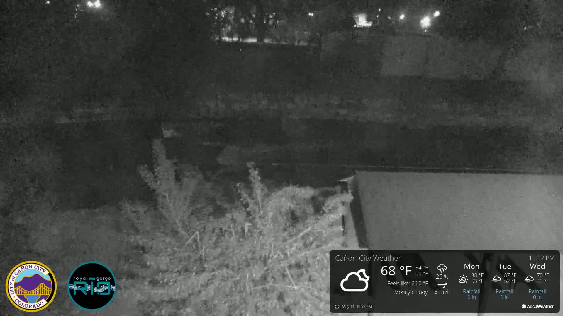 A nighttime, mostly cloudy scene shows dark shrubbery and a flat, dark surface in the foreground.