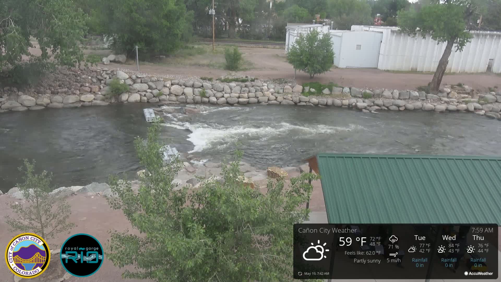 A partly sunny view of a river flowing over rocks and under a green roofed structure.