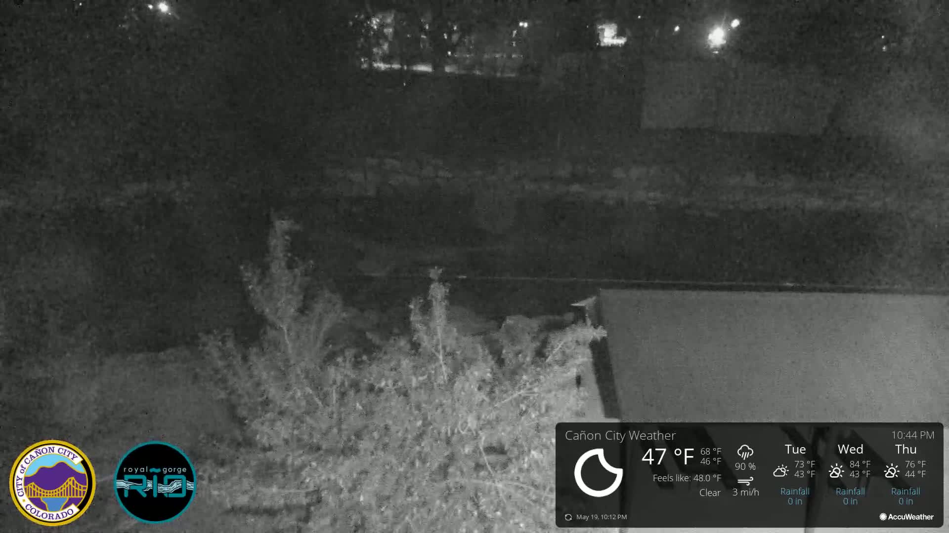 A nighttime, low-light image shows a dark, outdoor scene with shrubs and a portion of a structure, under clear skies.