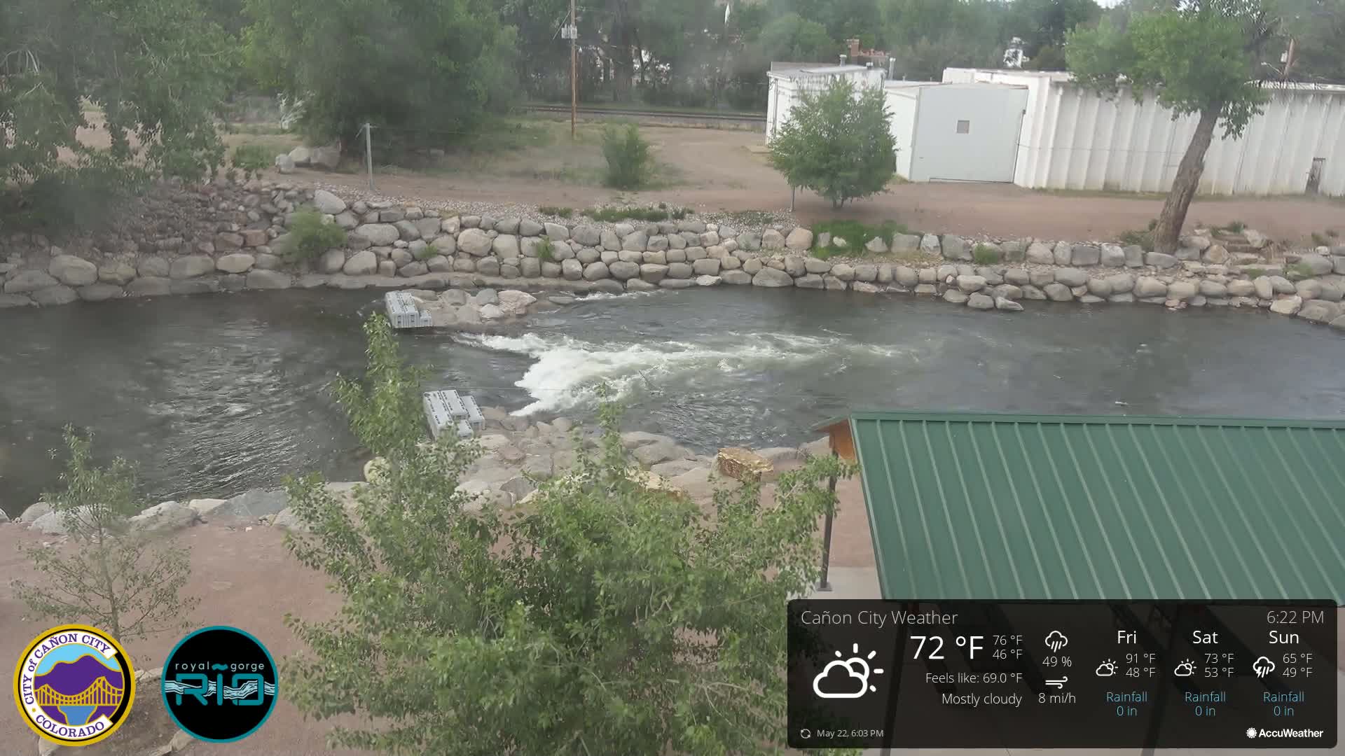 A mostly cloudy view of a river flowing over a low dam, with rocky banks and some green vegetation.