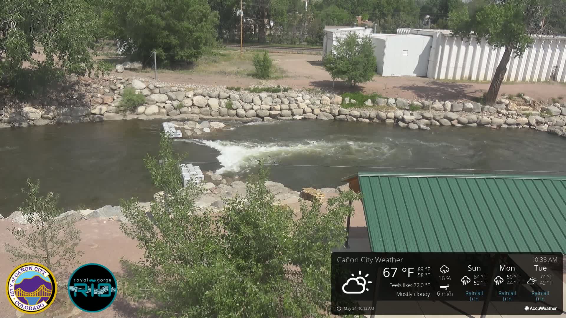 A mostly cloudy day shows a river flowing over a low dam, partially obscured by green trees and a green-roofed structure.