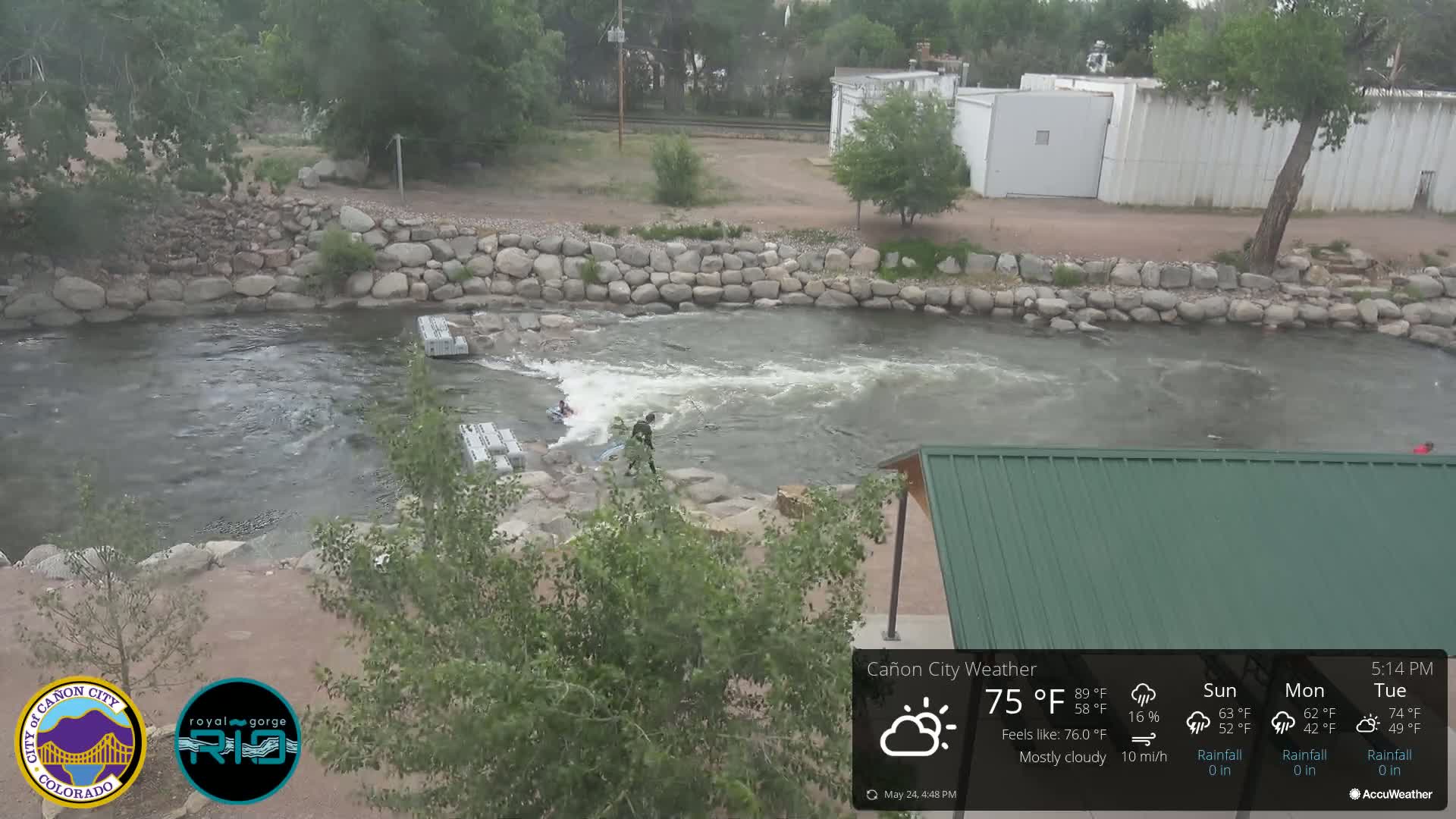 A mostly cloudy day shows a rocky riverbank with people in the water near a structure with a green roof.