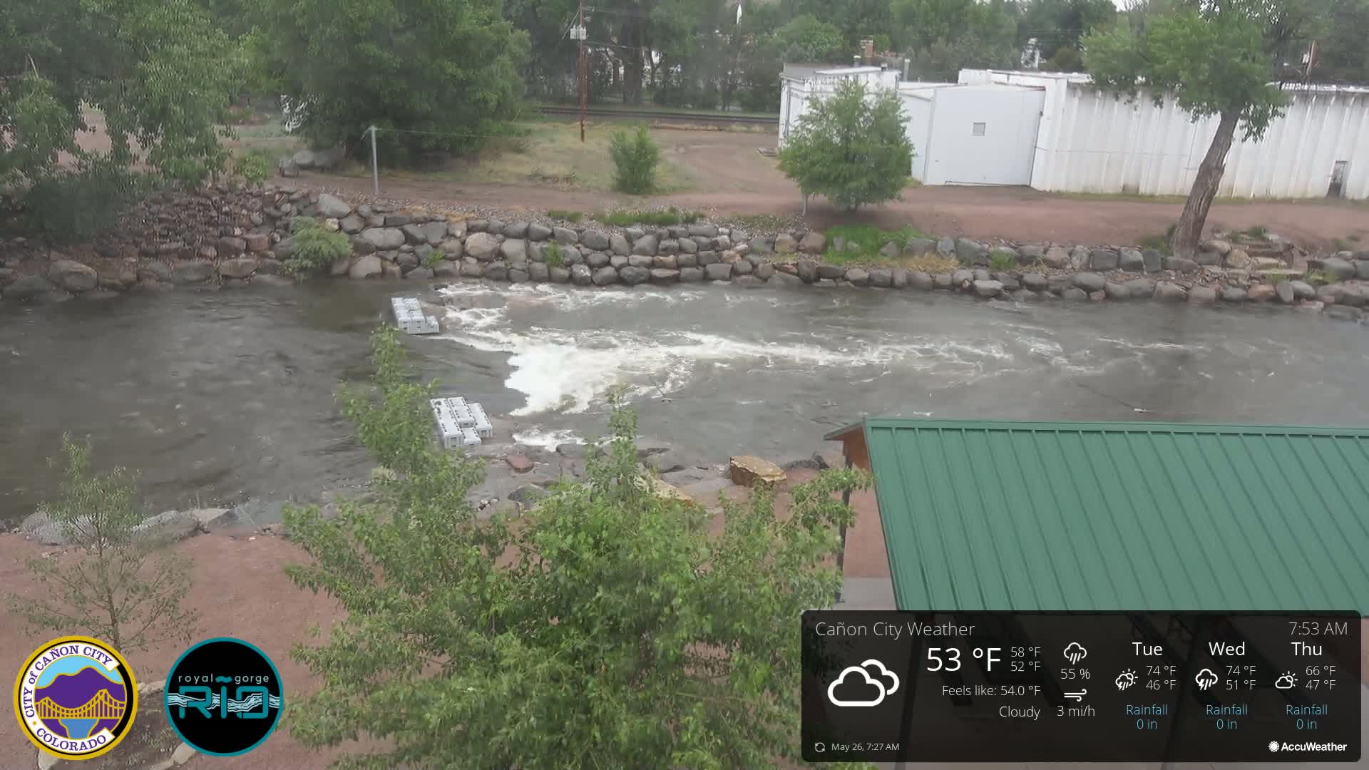 A cloudy day shows a river flowing rapidly over a low dam, with a green roofed structure visible in the foreground.