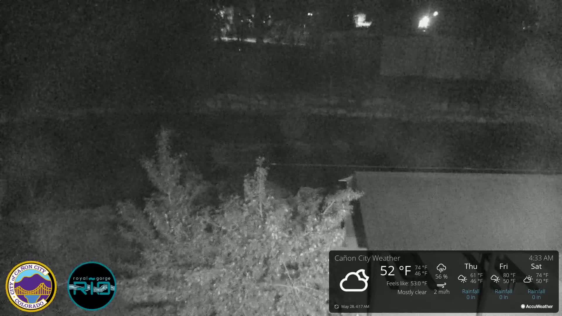 A nighttime, mostly clear view of dark shrubbery and a portion of a building under a 52°F sky.