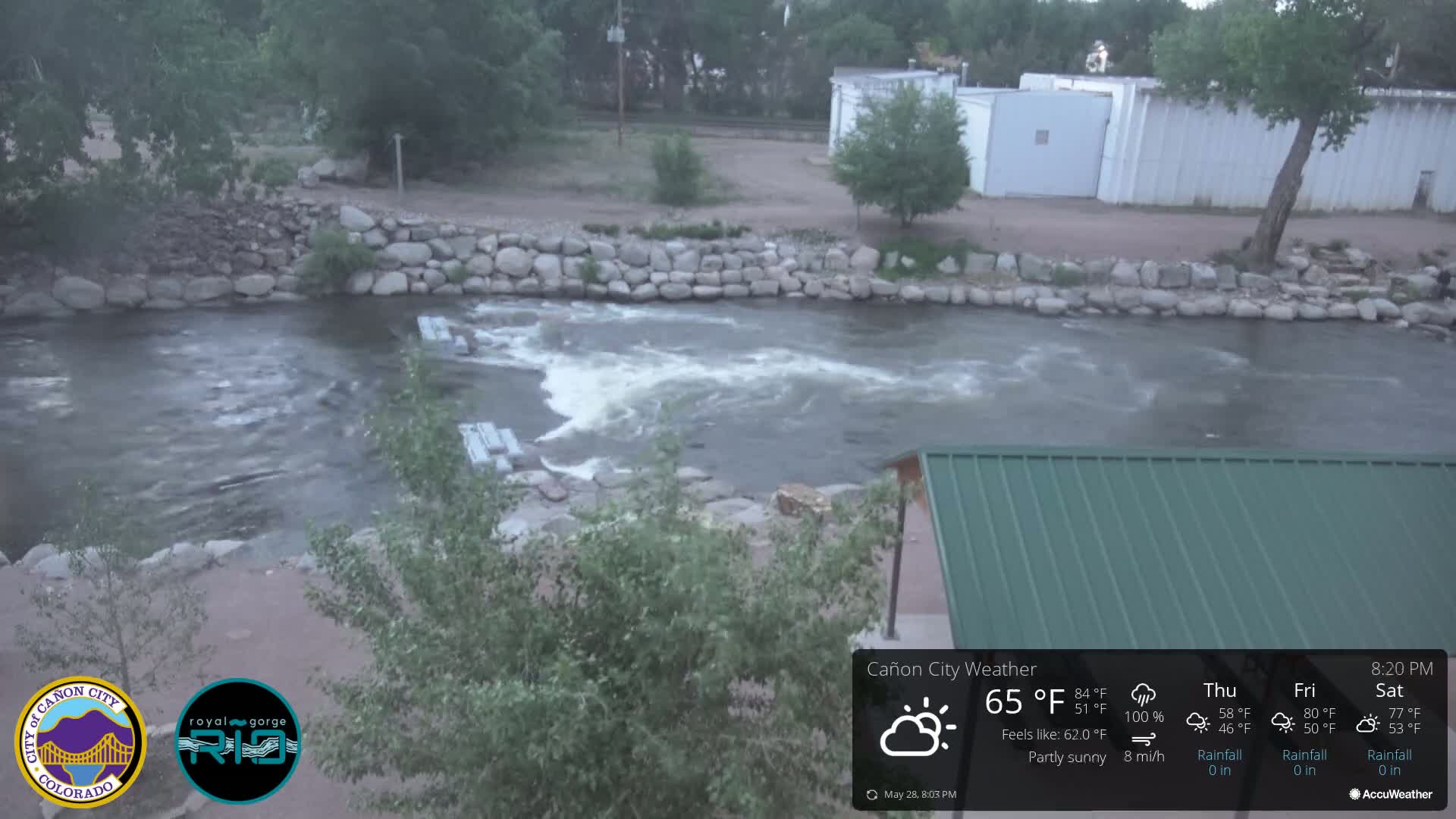 A partly sunny view of a river flowing over a low rock dam, with some vegetation and a building visible in the background.