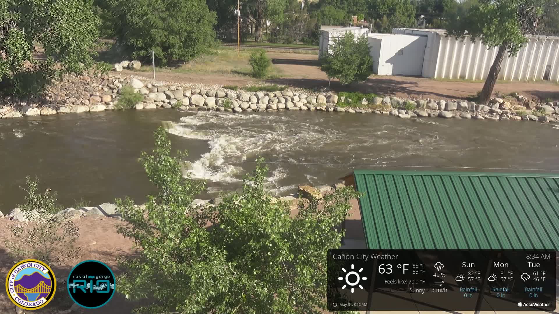 A fast-moving river flows beneath a sunny sky, past a rocky bank and a green roofed structure.