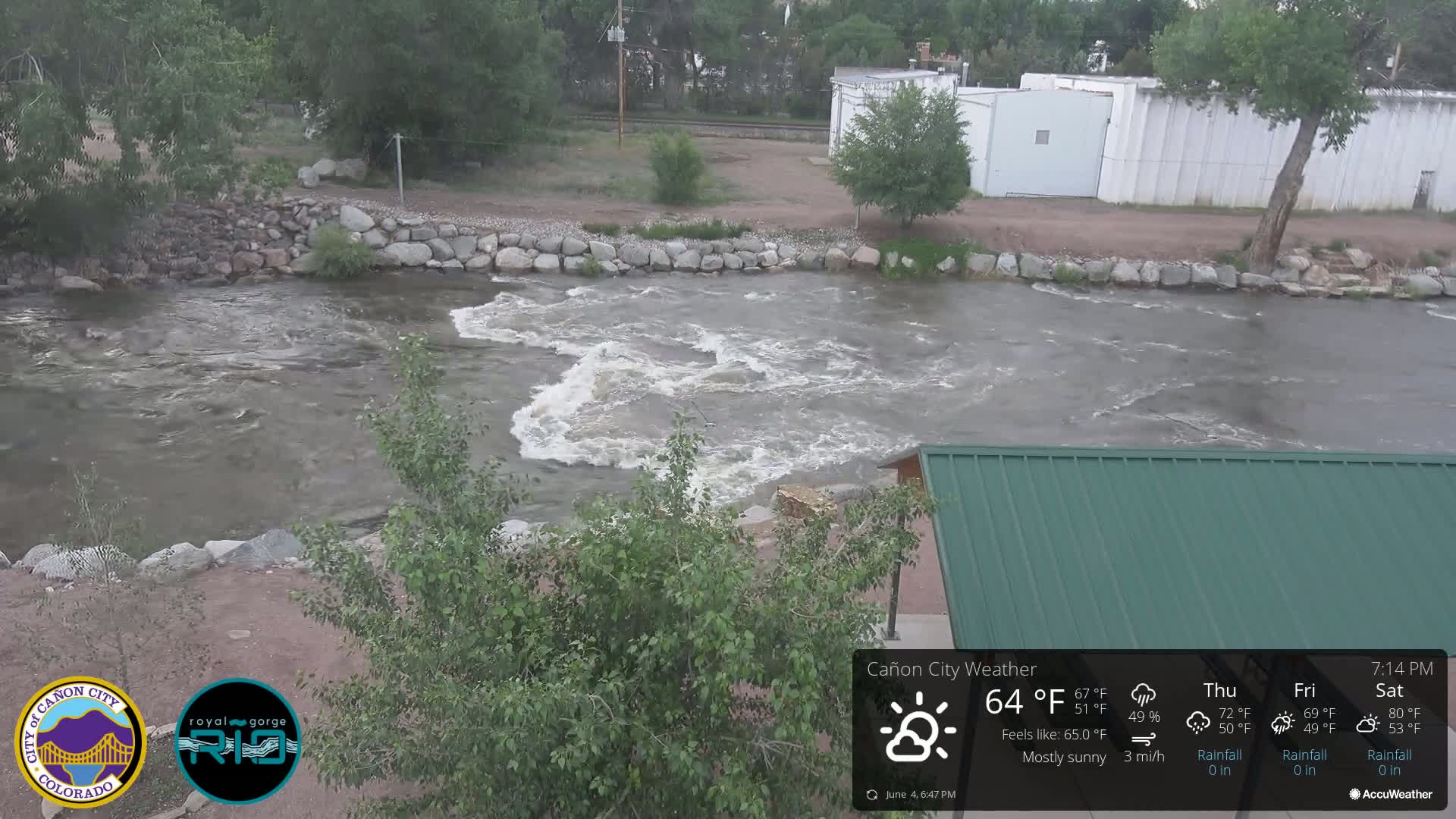 A mostly sunny view of a swiftly flowing river with rocky banks, under a partly cloudy sky, and a green roofed structure partially visible in the foreground.