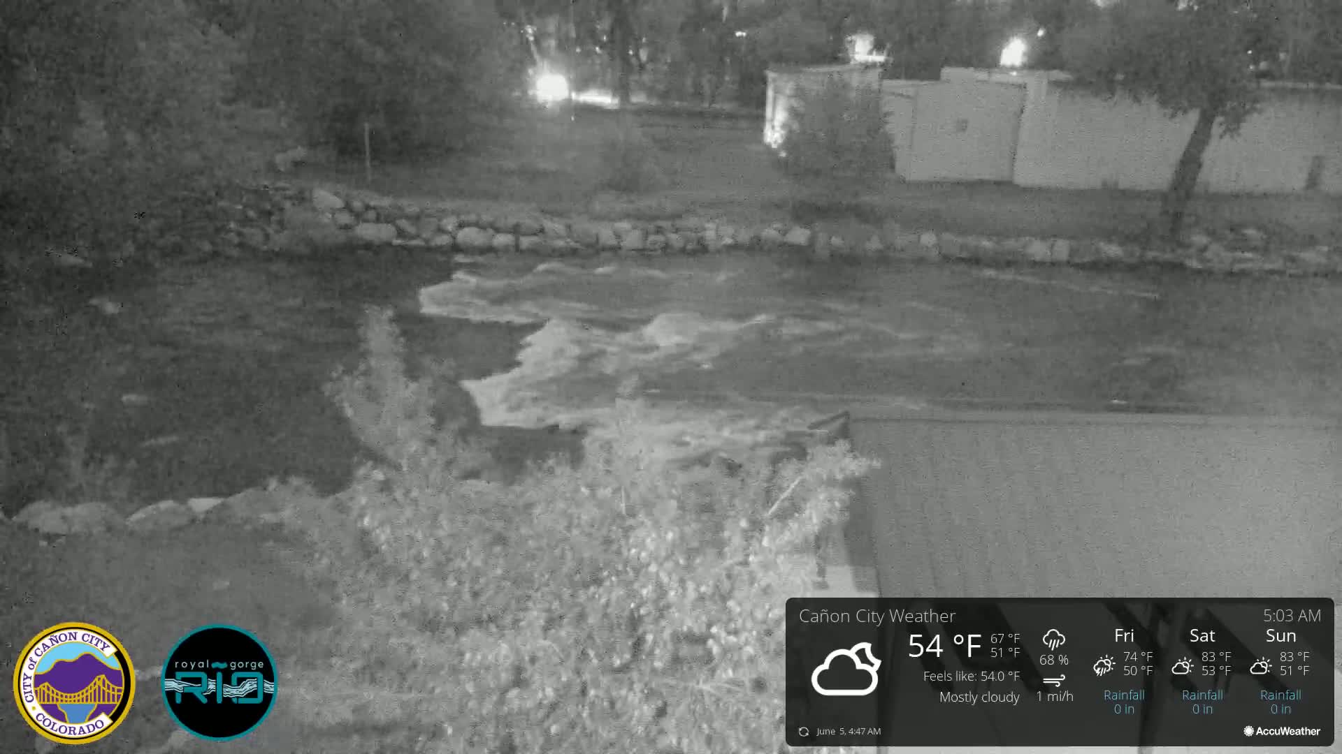 A nighttime, mostly cloudy view of a swiftly flowing river under a bridge, with some vegetation visible along the banks.