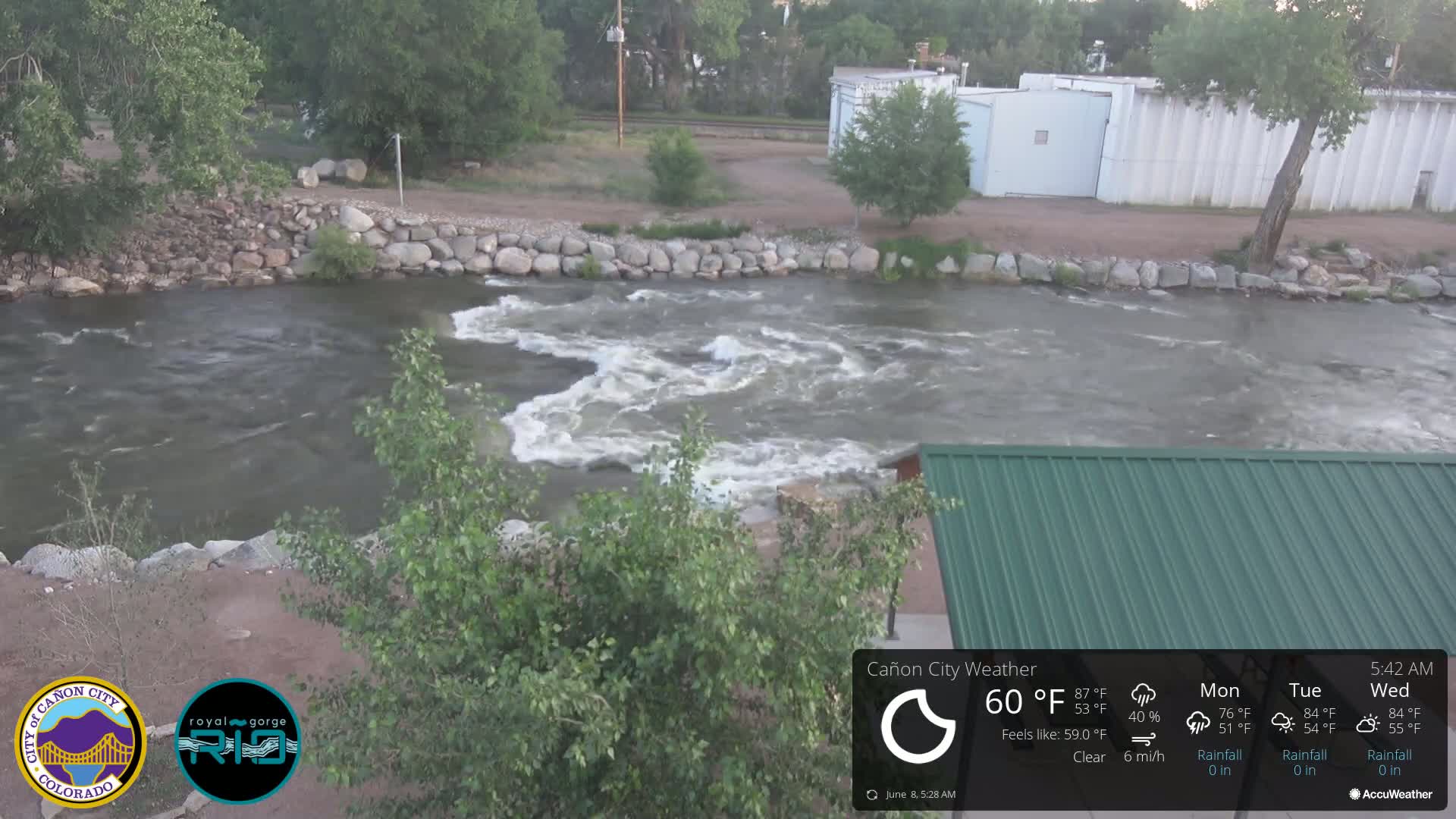 A swiftly flowing river with whitewater rapids is seen from a slightly elevated vantage point on a clear day, with green trees and a green metal roof in the foreground.