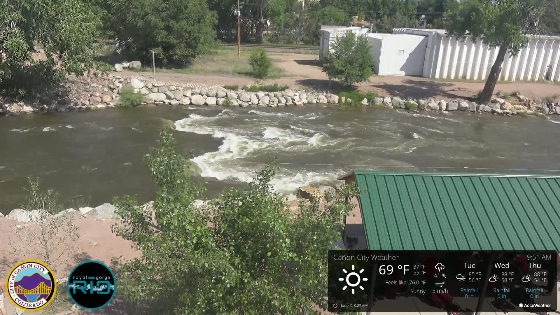 A fast-moving river flows under a sunny sky past a rocky bank and a green roofed structure.