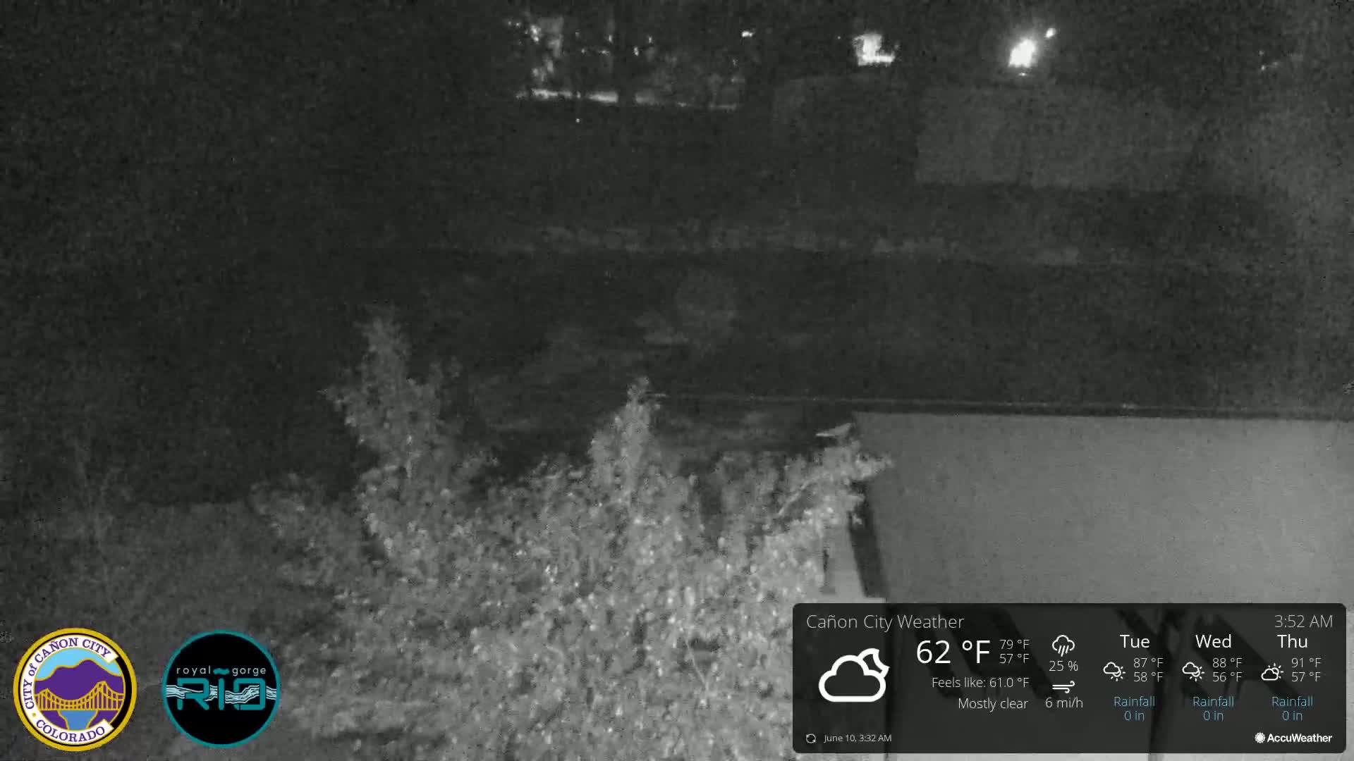 A nighttime, mostly clear view of shrubs and a dark body of water under a mostly clear sky.