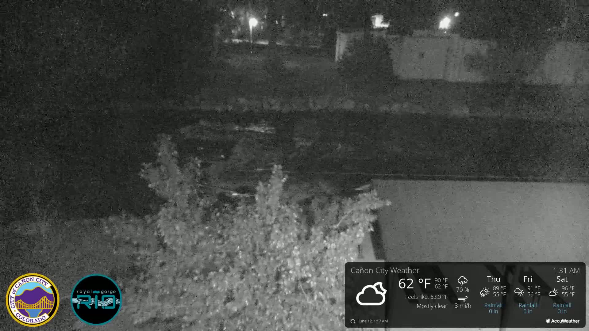 A nighttime view of a dark riverbank with vegetation under mostly clear skies.