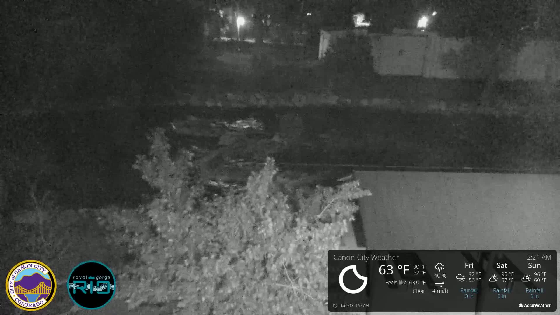 A nighttime, clear view of a dark body of water under a bridge, partially obscured by vegetation.
