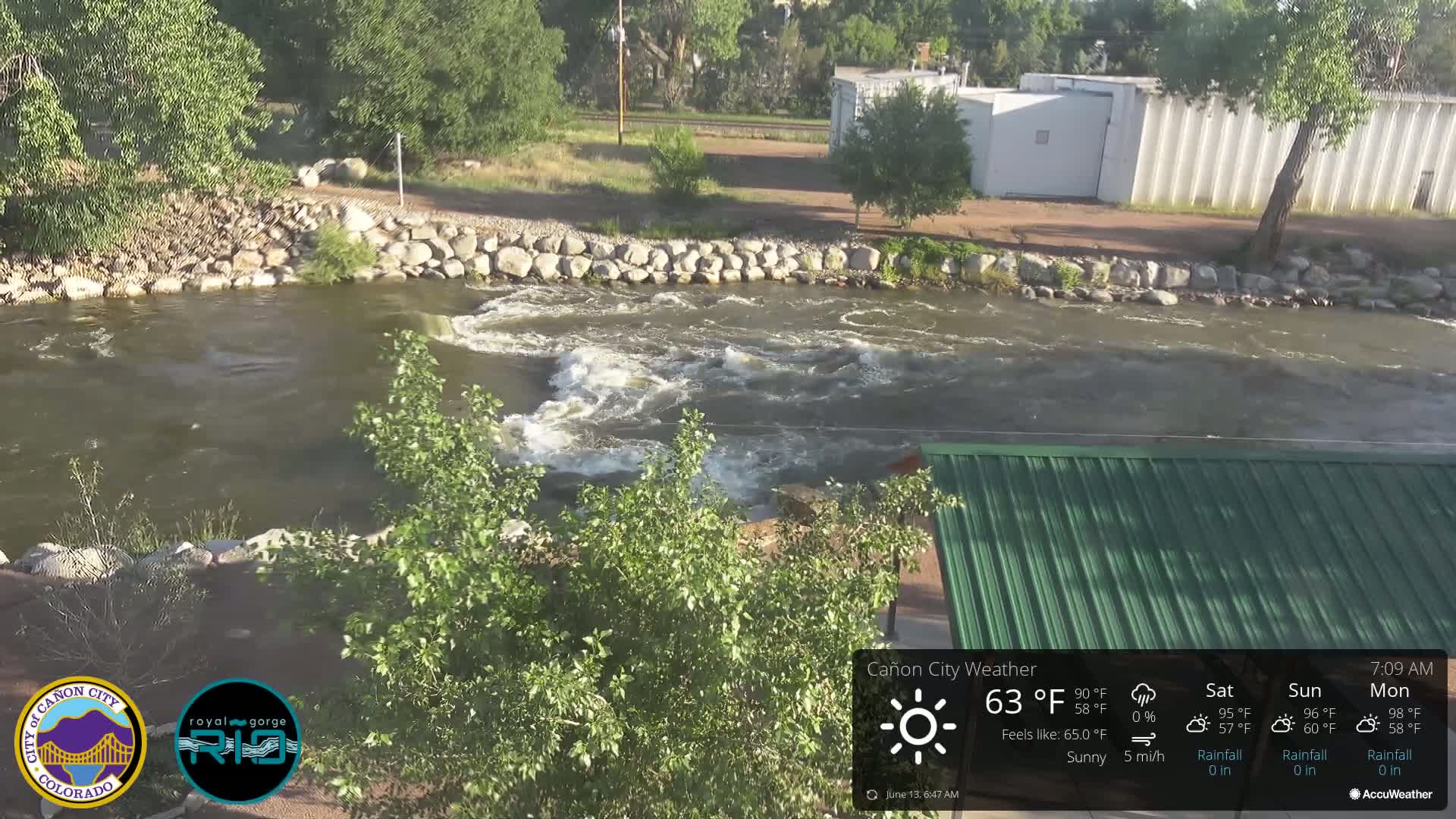 A rocky riverbank with a fast-flowing river under sunny conditions.