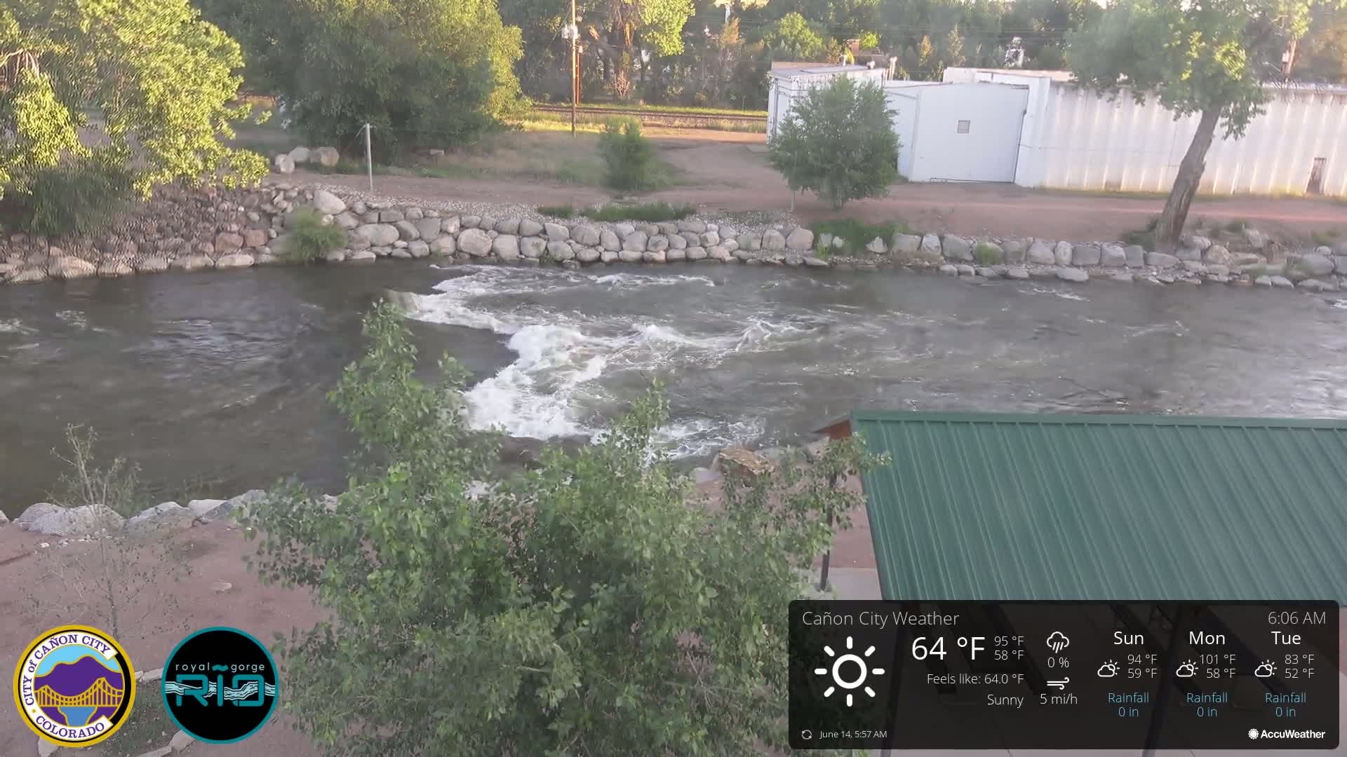 A rocky river flows under a sunny sky, past a green roofed structure and a stone riverbank lined with trees.
