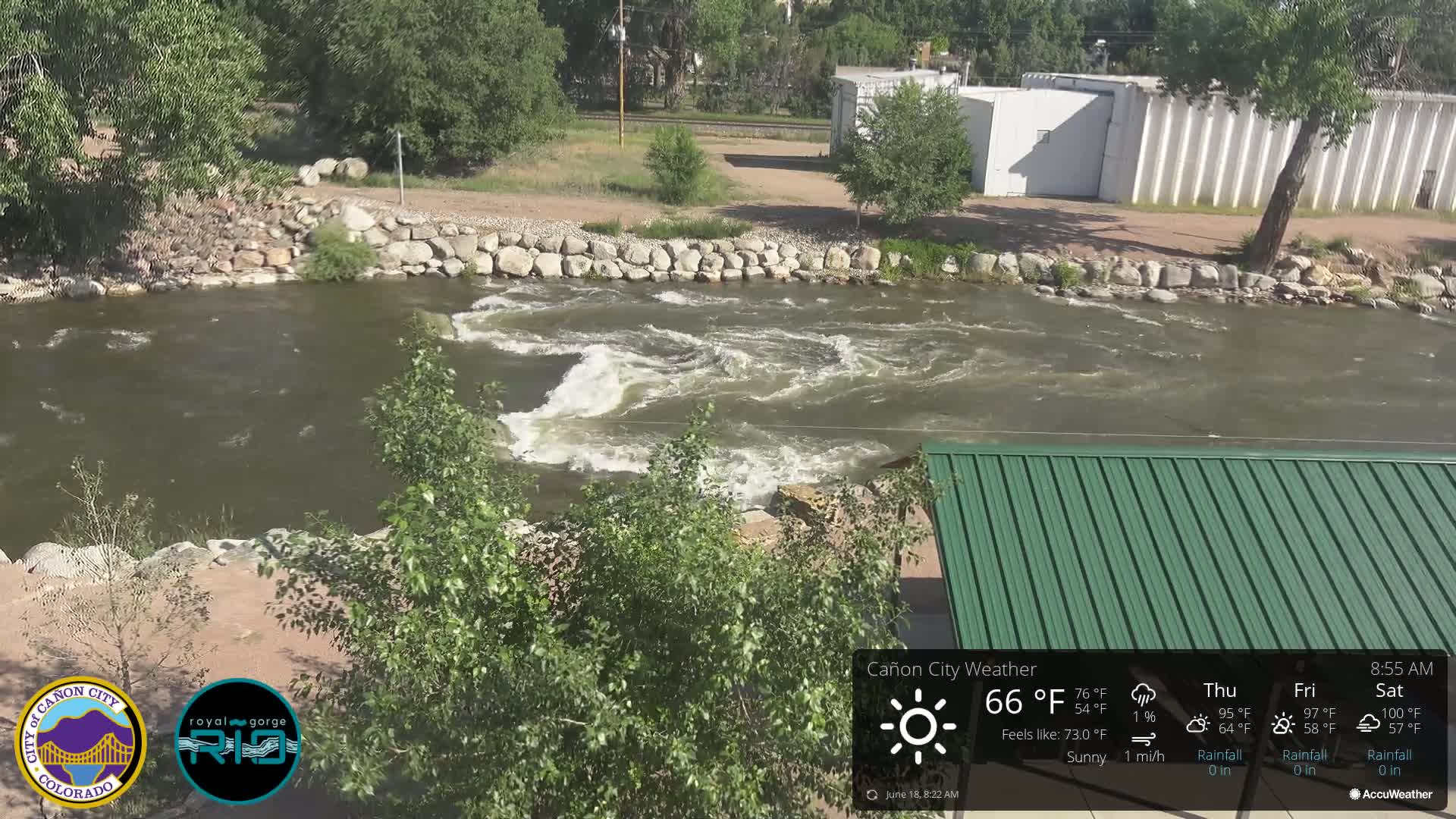 A swiftly flowing river with moderate waves under sunny skies is partially visible from behind leafy green trees, alongside a stone riverbank and a green metal roof.