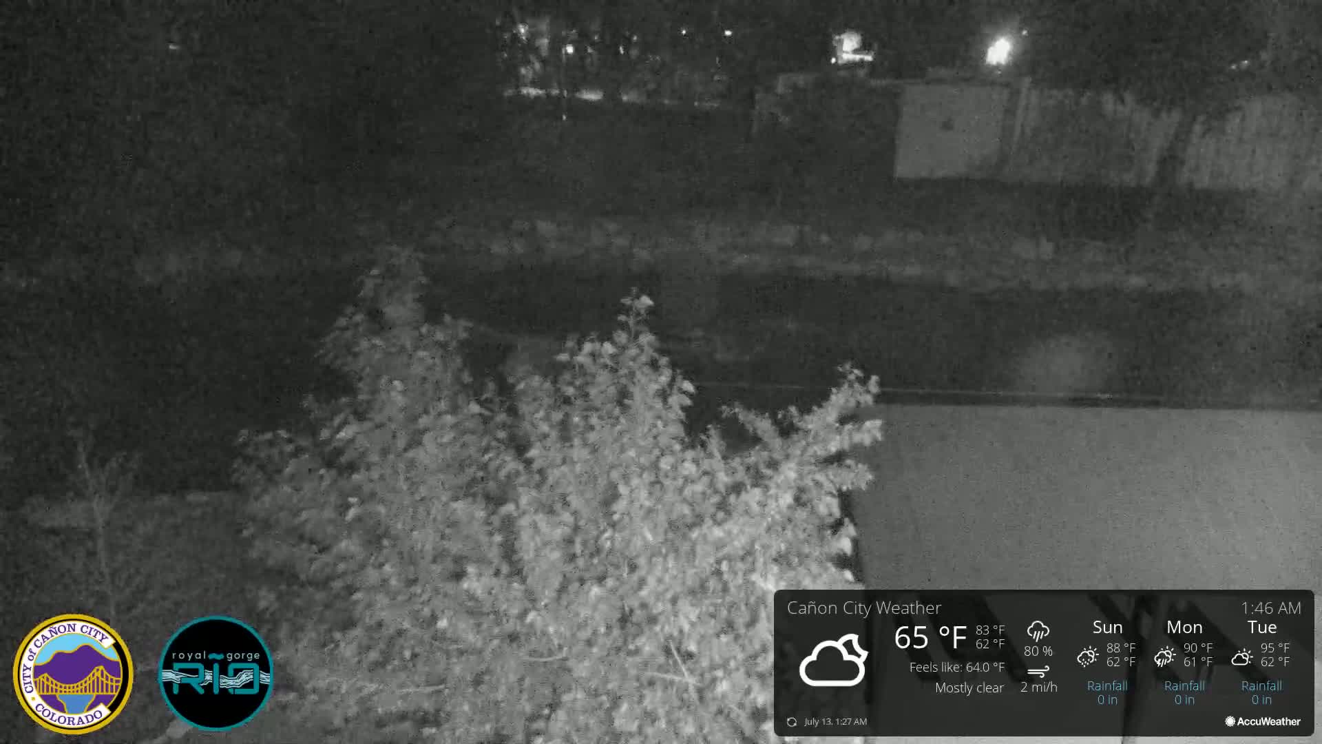A nighttime, mostly clear view of a dark riverbank with vegetation, under a clear sky.