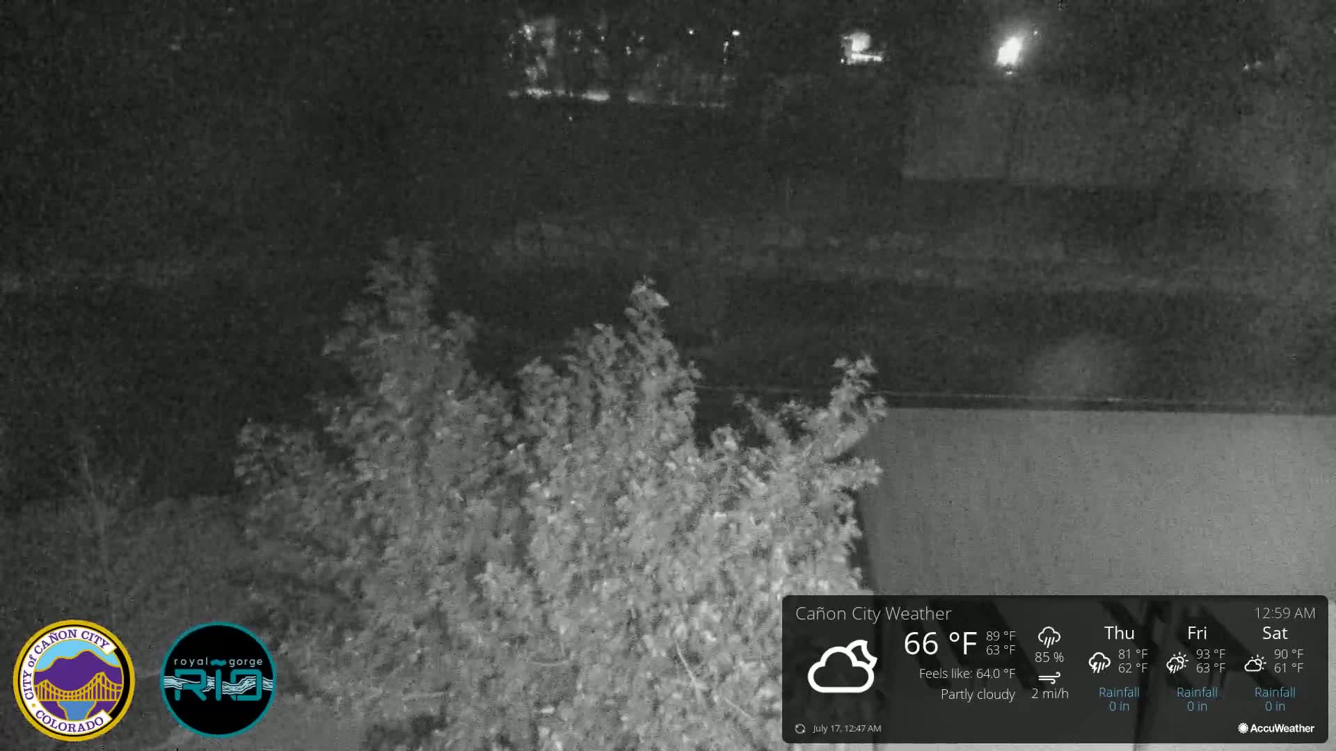 A nighttime view of dark shrubbery in front of a body of water under partly cloudy skies.