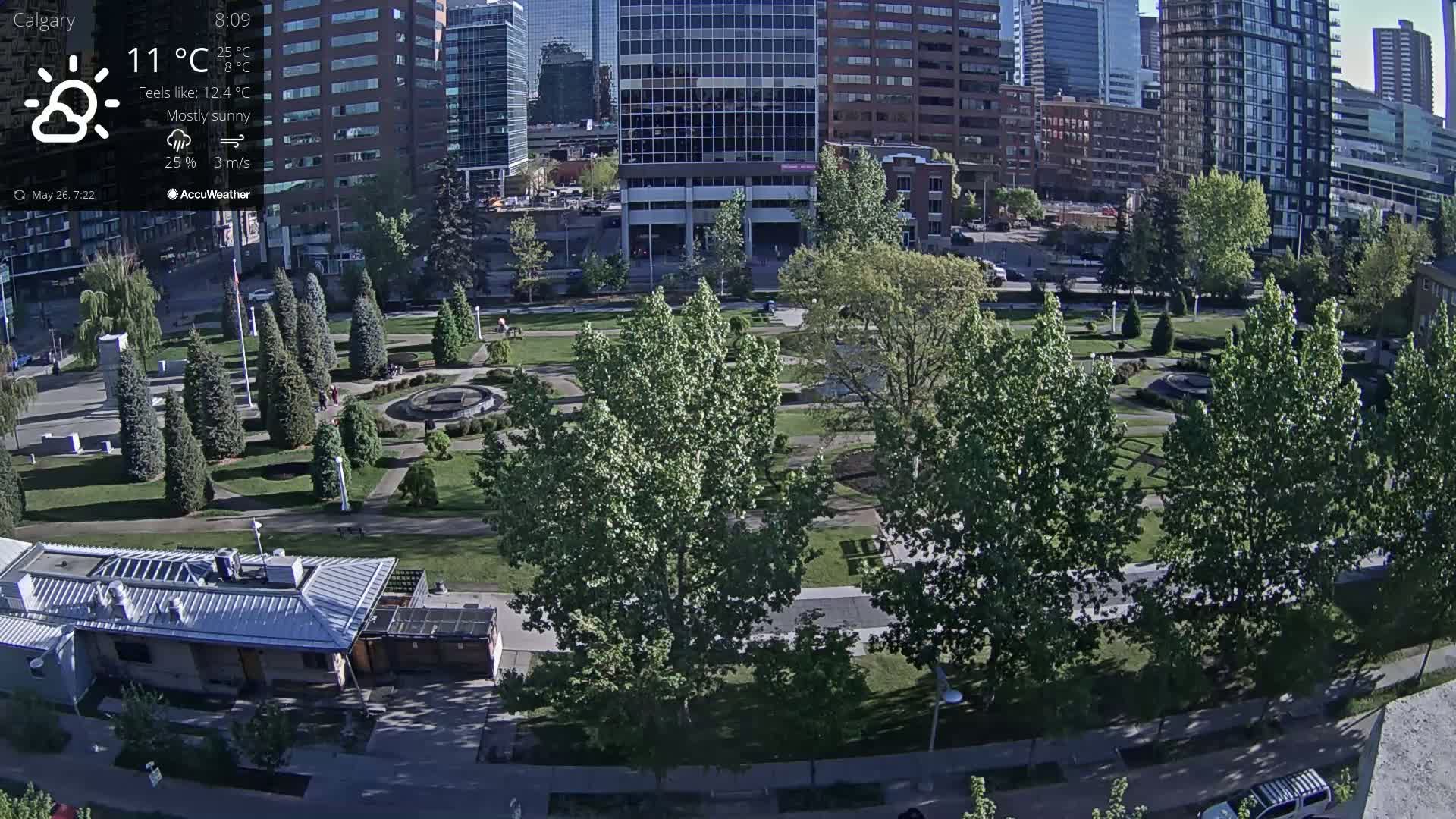 A mostly sunny city park with lush green trees and a fountain is situated amongst modern high-rise buildings.