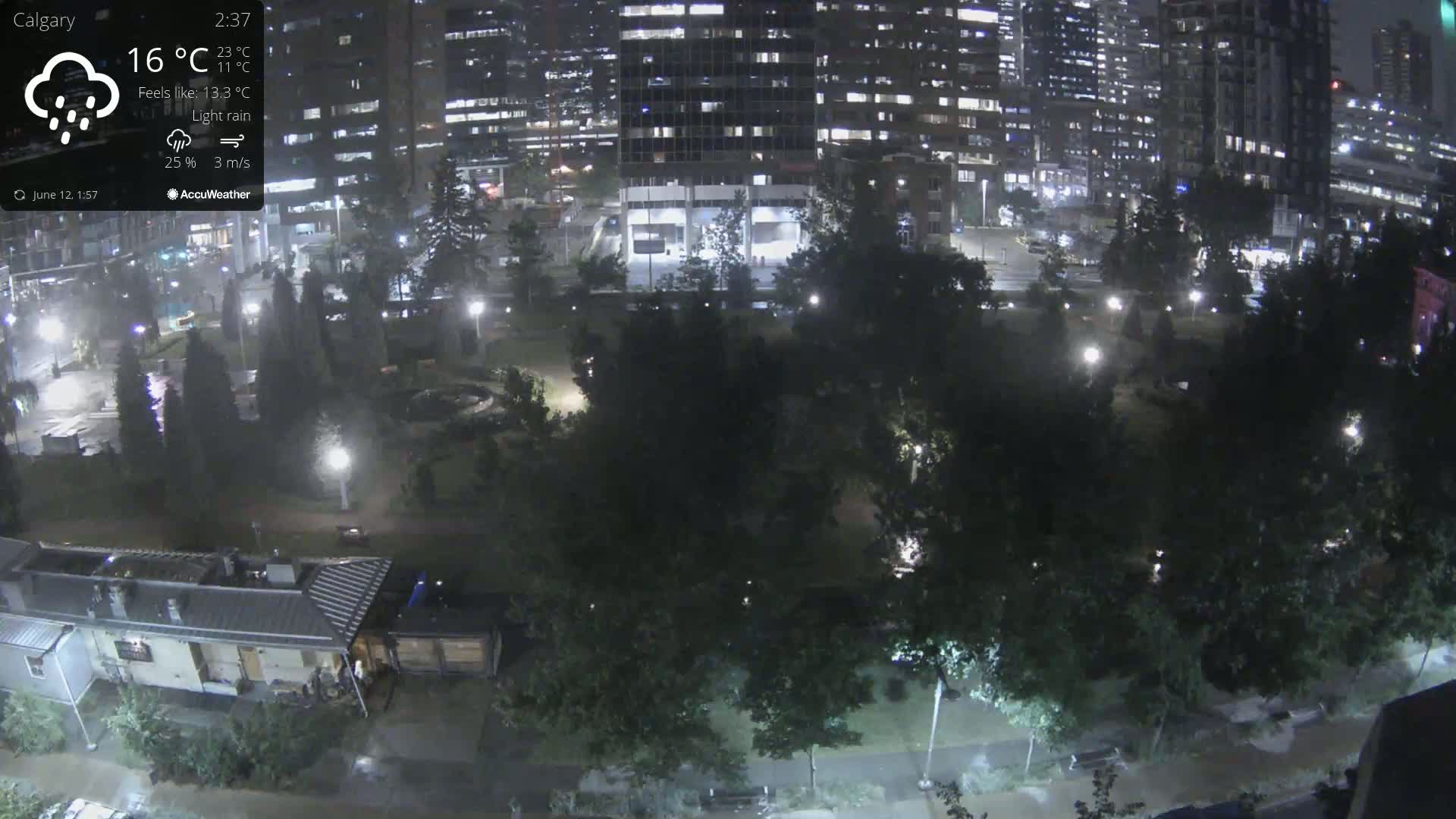 A nighttime view of a park and city buildings under light rain.