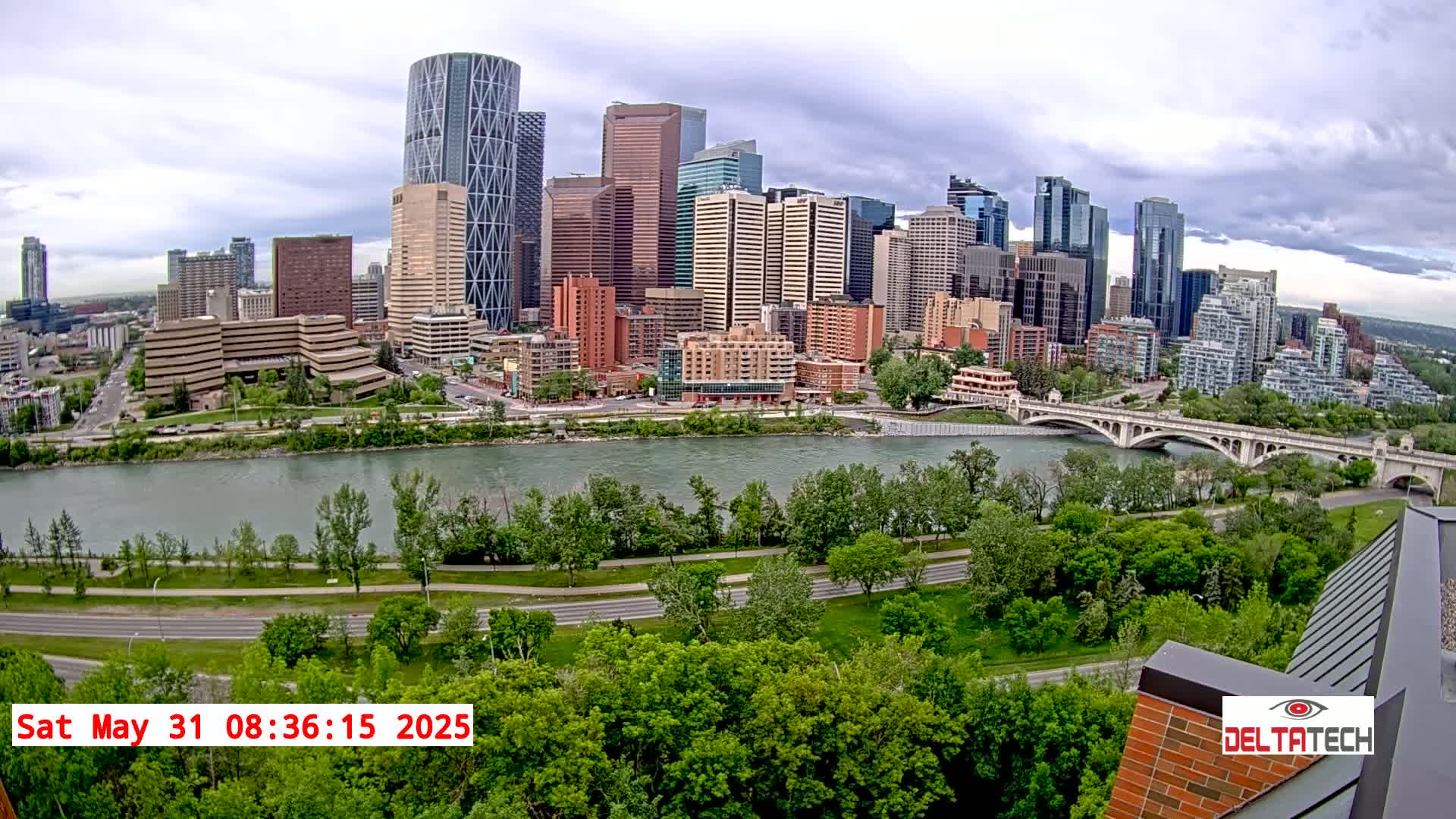 A city skyline with numerous skyscrapers is visible across a river, under a cloudy sky, with lush green trees lining the riverbanks and a roadway along the river's edge.