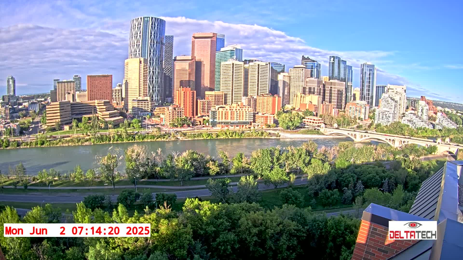 A cityscape with numerous high-rise buildings sits beside a river on a partly sunny day.