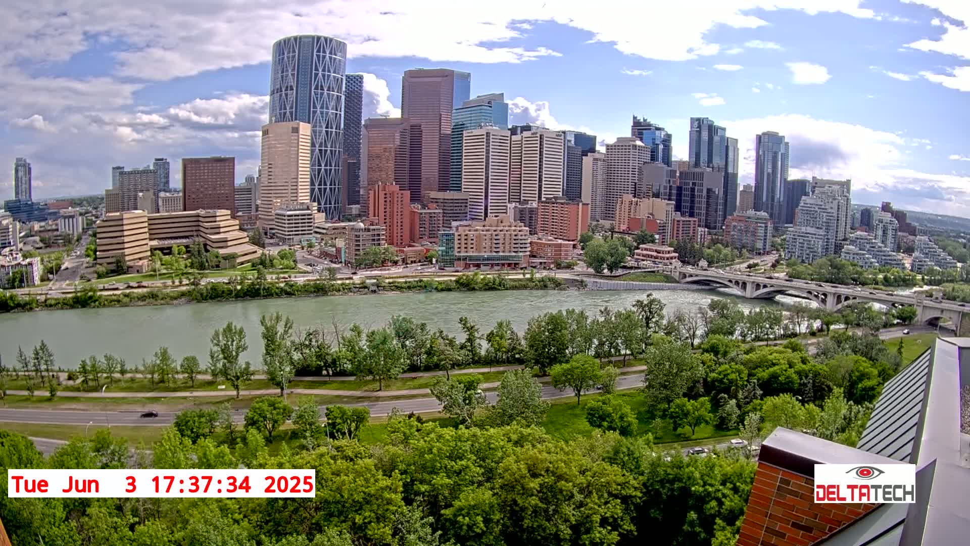 A city skyline with numerous high-rise buildings is situated across a river on a partly cloudy day, with lush green trees and a roadway visible in the foreground.