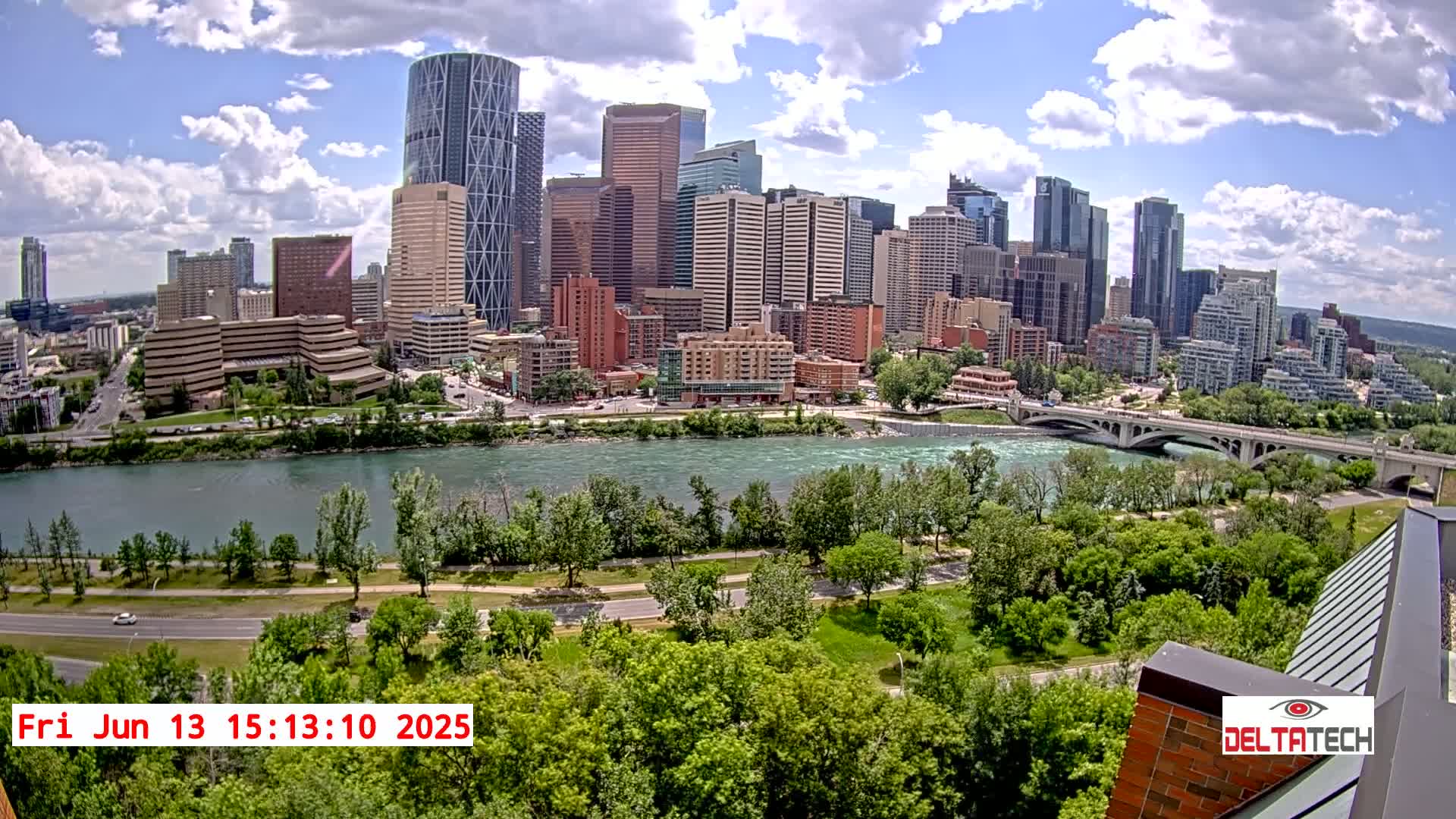 A city skyline with numerous skyscrapers is visible across a river under a partly cloudy sky, with green parkland in the foreground.