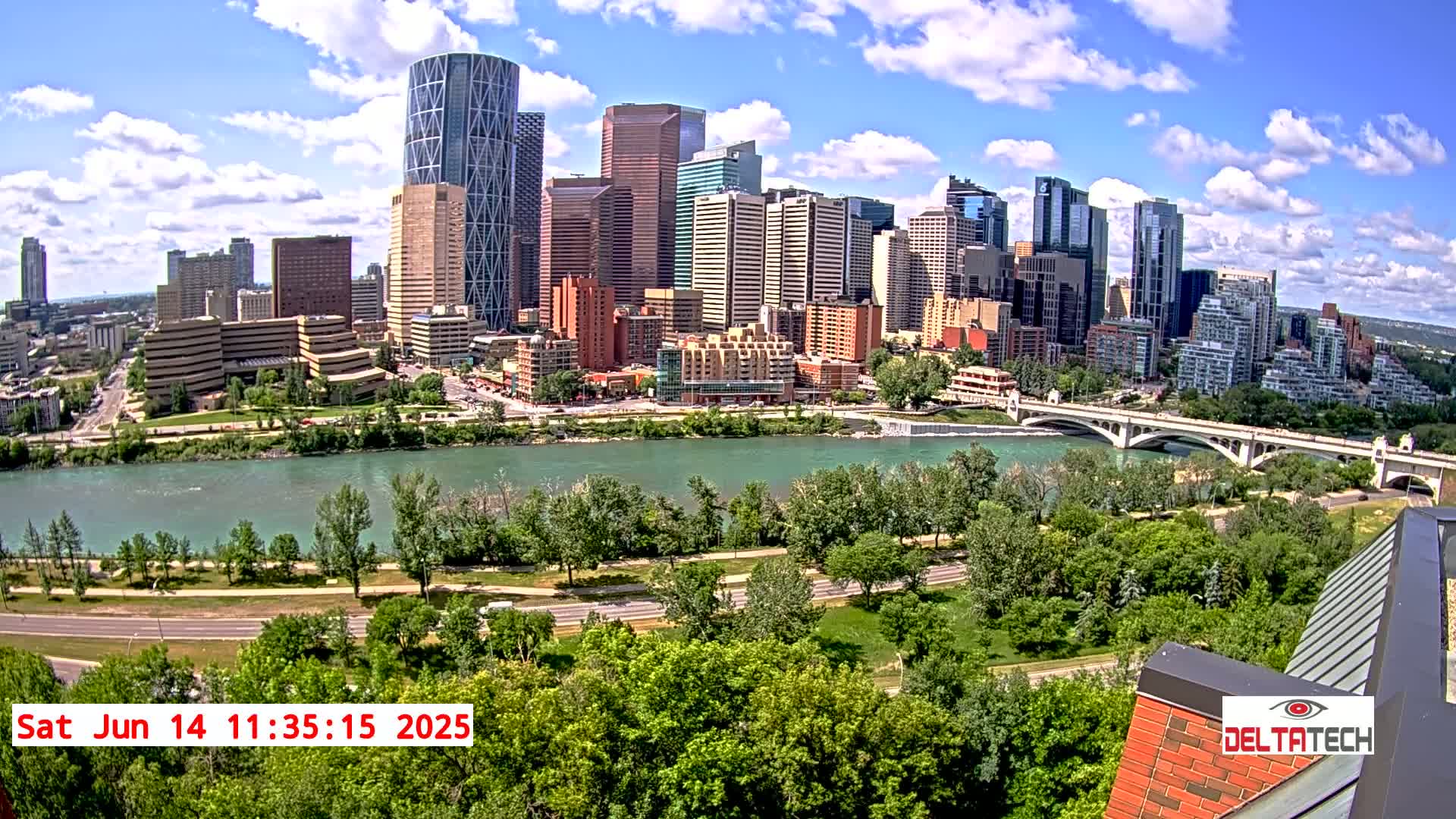 A city skyline with numerous skyscrapers is seen across a river on a partly cloudy, sunny day.