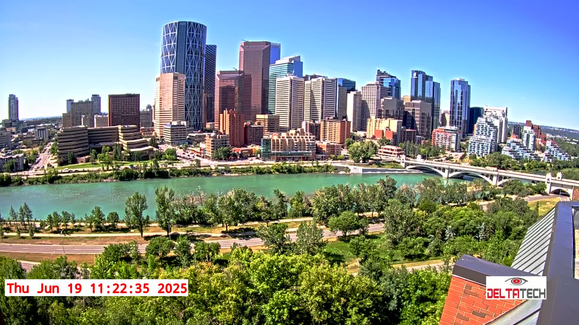 A city skyline with numerous skyscrapers is situated across a wide river on a sunny day.