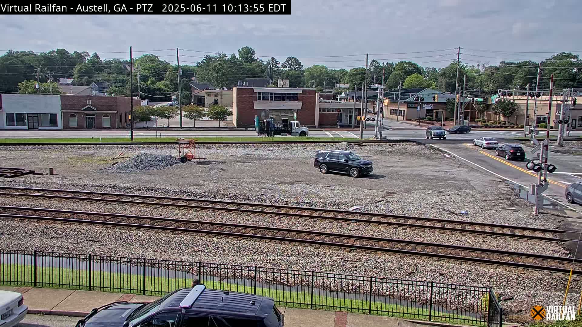 A mostly sunny view of a train track and roadway intersection near several buildings, with a few vehicles present, and construction or maintenance visible in a nearby vacant lot.