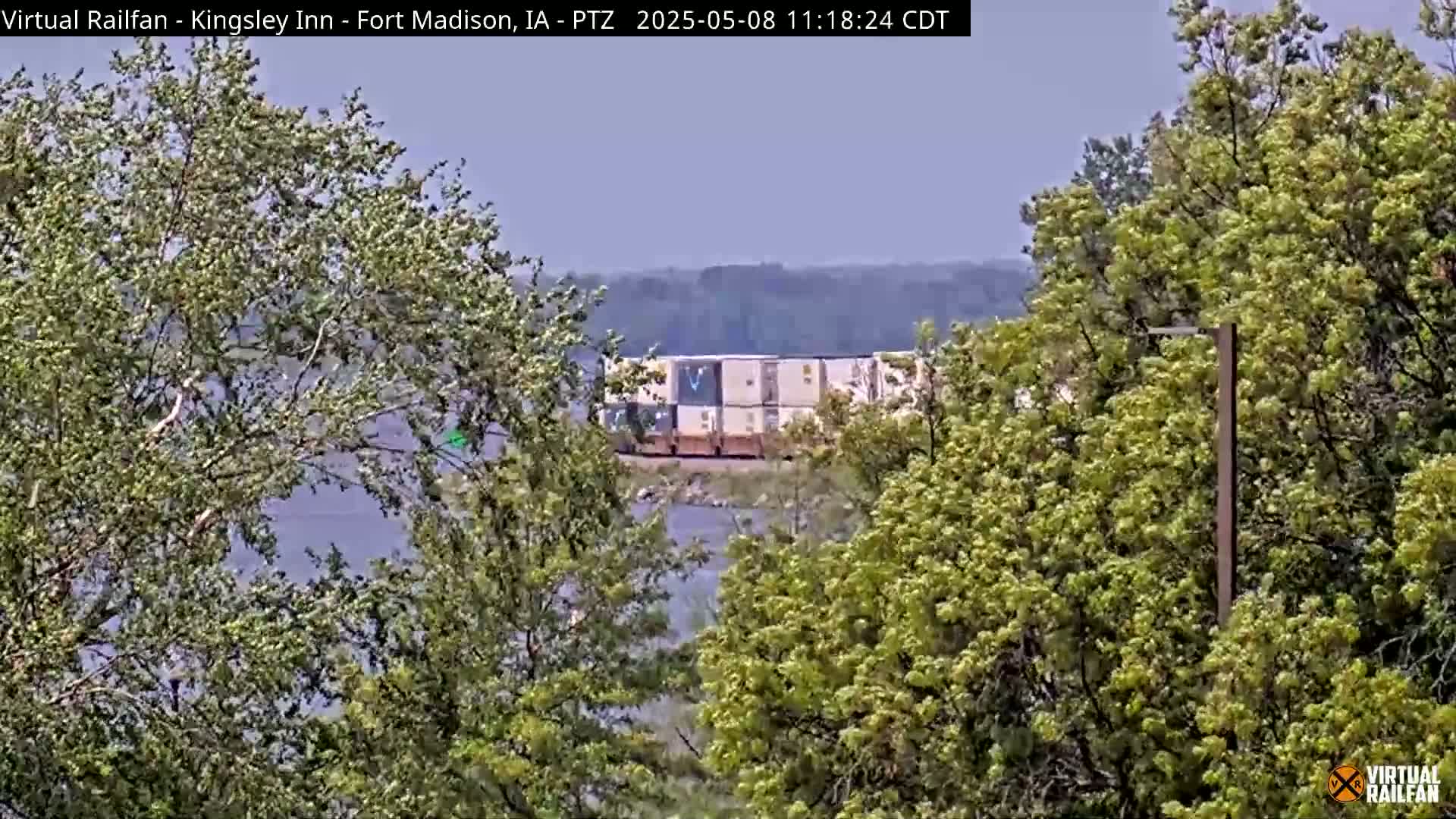 A train carrying several shipping containers is partially visible through leafy green trees on a hazy day.