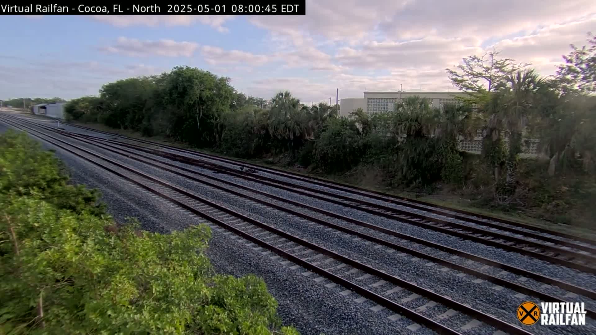 Multiple train tracks stretch into the distance under a partly cloudy sky, bordered by lush green vegetation.