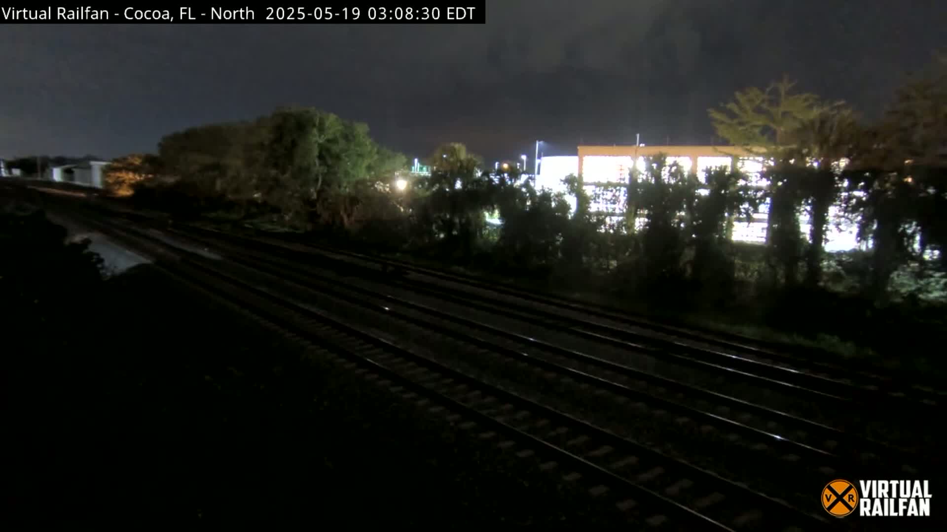 At night, under a dark sky, multiple sets of train tracks run beside a line of trees and shrubs in front of a brightly lit building.