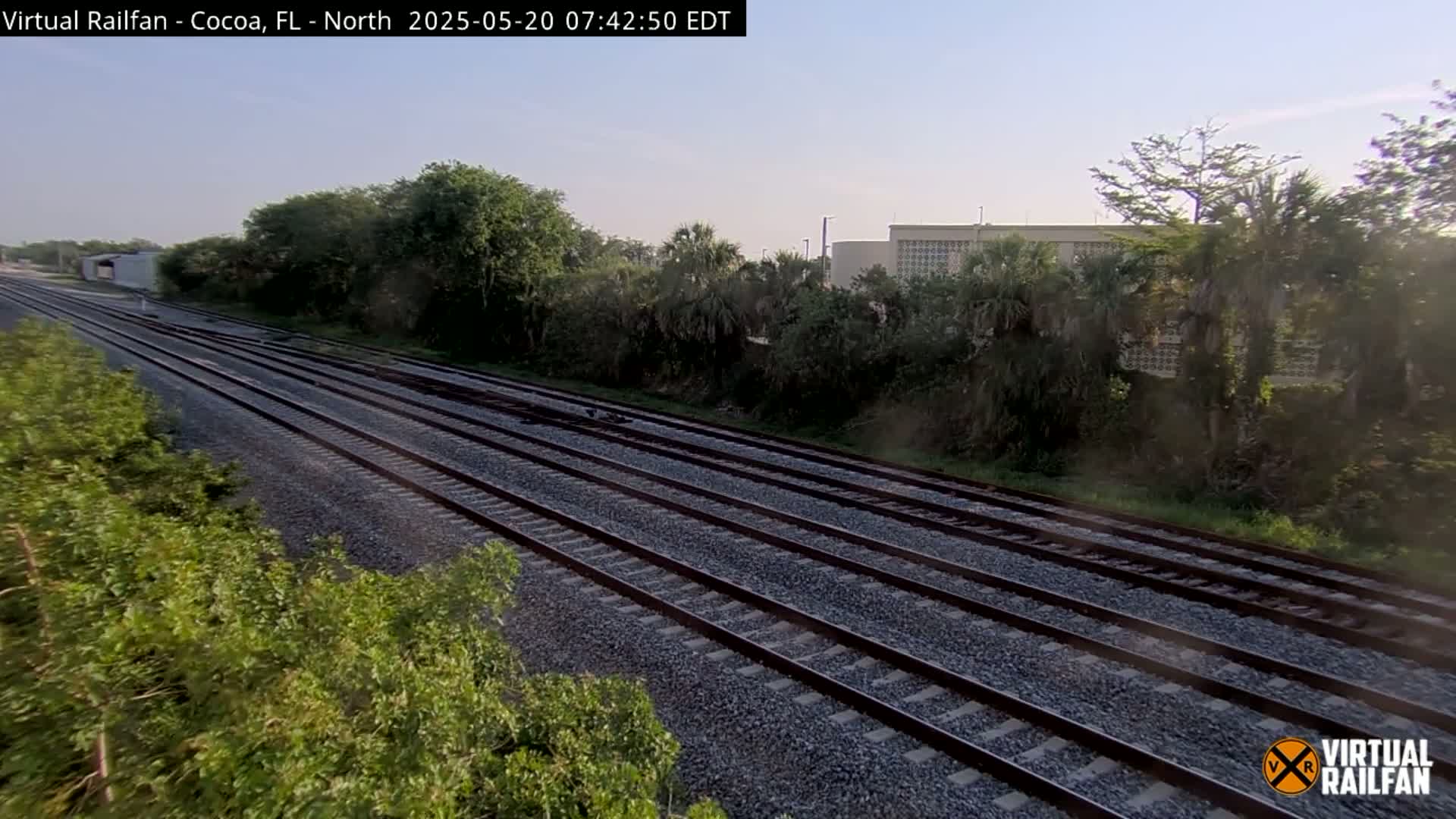 Multiple train tracks stretch into the distance, bordered by lush green vegetation under a clear sky.