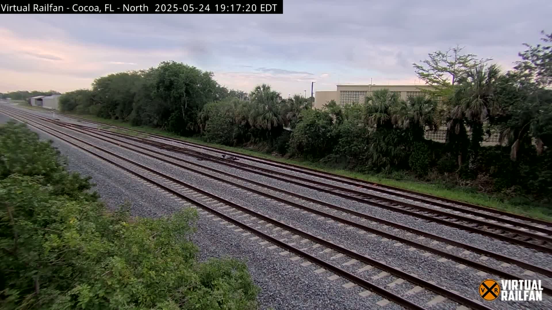 Multiple train tracks stretch into the distance under an overcast sky, bordered by lush green vegetation and a building in the background.
