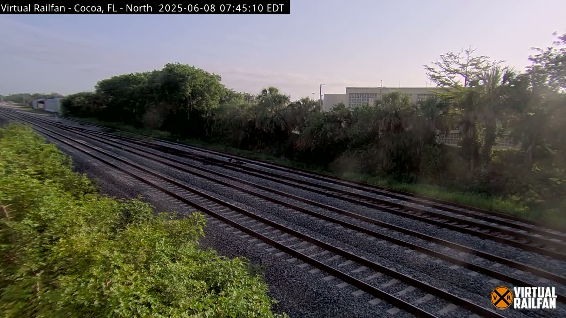 Multiple train tracks stretch into the distance, bordered by lush green vegetation under a clear, bright sky.